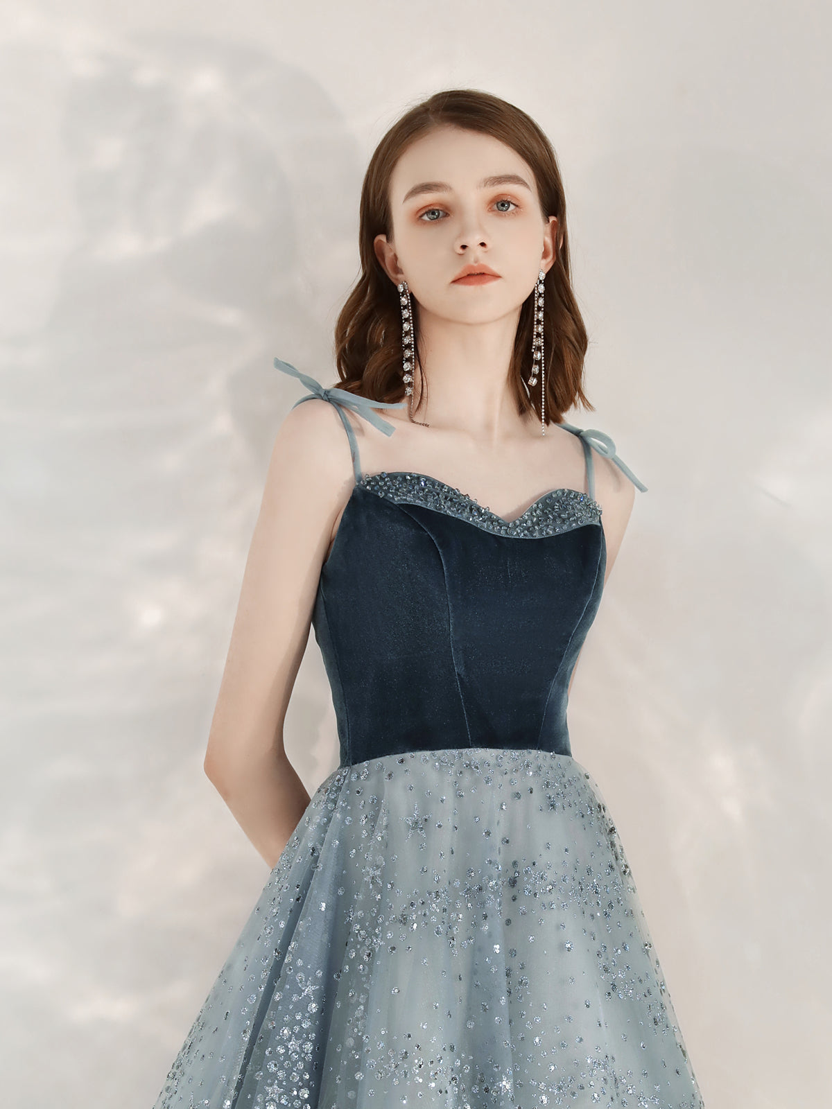 Elegant A-Line Sequin Tulle Blue Long Prom Dress with Velvet Trim - Perfect for Formal Dances, Evening Galas & Special Occasions