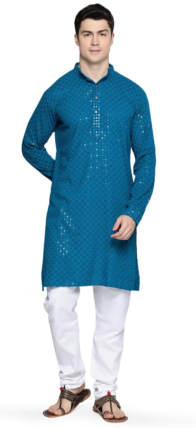 Men's Indian Cotton Kurta Pajama Set with Chikankari Embroidery & Sequins | Maple Clothing | Traditional Ethnic Wear for Festivals, Weddings & Cultural Events