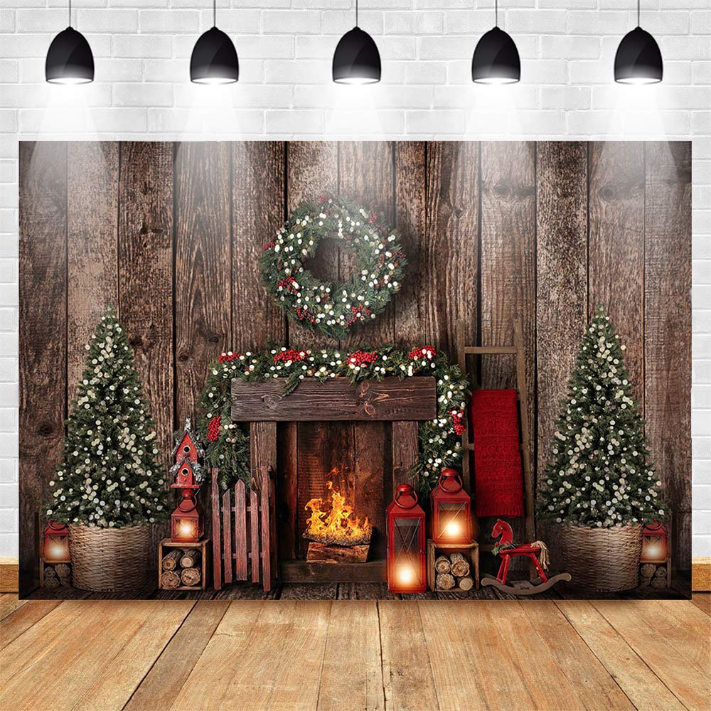 Brown Wood Christmas Fireplace Backdrop with Xmas Tree & Wreath - 8x6ft Holiday Photo Booth Background for Newborn Baby, Kids Portrait Photography | Perfect for Christmas Parties, Family Gatherings & Festive Home Decor