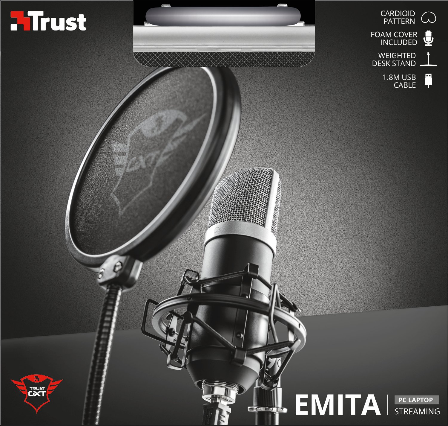 Trust Gaming GXT 252 Emita USB Microphone - Professional Cardioid Condenser Mic for PC, PS4, PS5, Gaming, Streaming, Podcasts & YouTube (Black) | Crystal Clear Voice Capture for Twitch Streamers, Vloggers, Online Gamers & Home Studio Recording | Perfect for Live Broadcasts, Voiceovers, Zoom Meetings & Remote Work