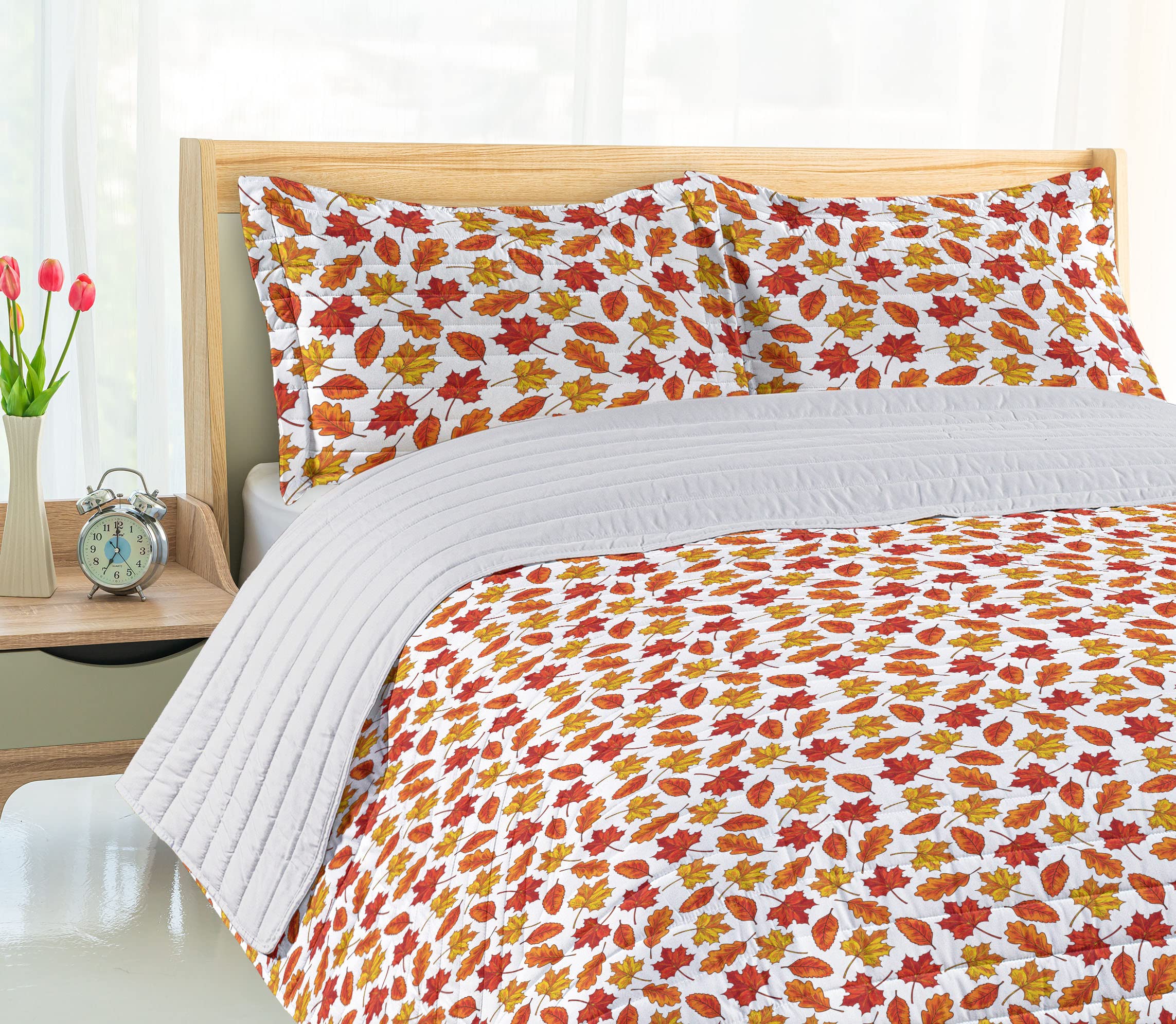 Ambesonne Maple Leaf Microfiber Bedspread Set - King Size Eco-Friendly Forest Silhouette Design in White Burgundy Yellow | Soft Comforter with Pillow Shams | Perfect for Fall Season Bedroom Decor & Cozy Autumn Nights