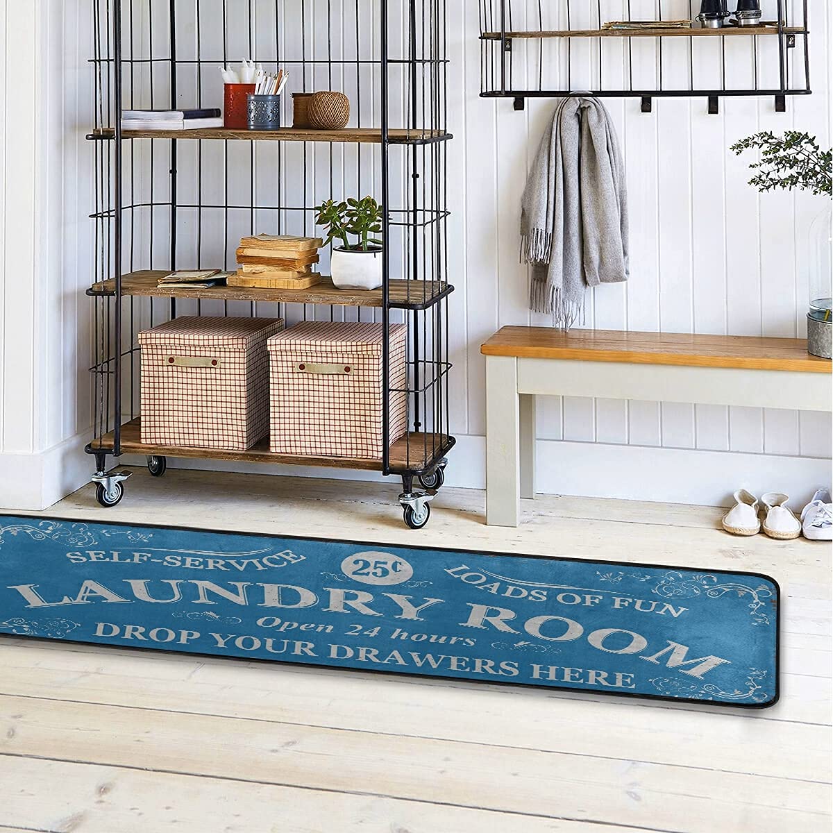 Farmhouse Laundry Room Rug - 72x24in Machine Washable Runner Mat in Retro Blue - Perfect for Laundry Room Decor, Kitchen Entryway & Mudroom Floor Protection