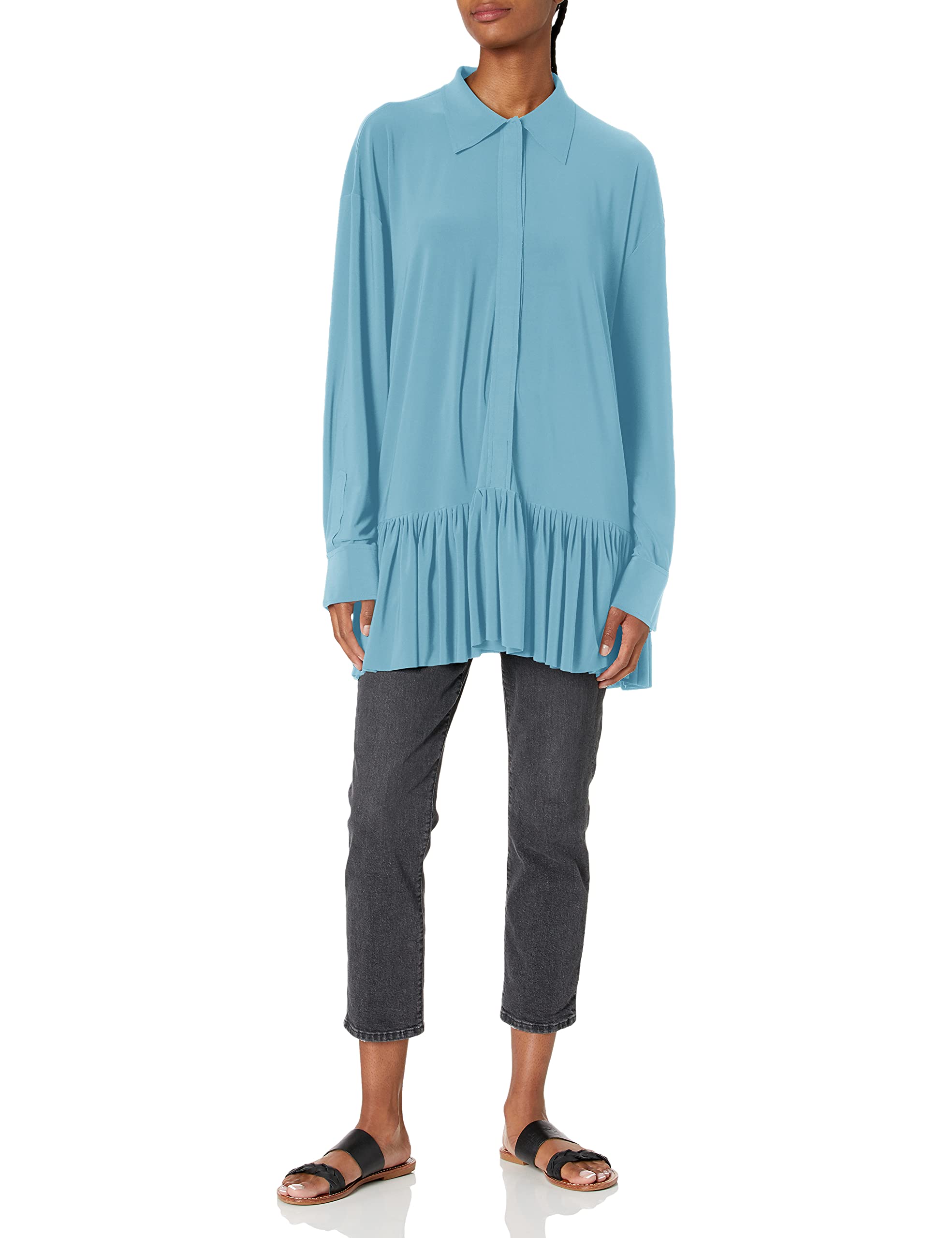 Norma Kamali Women's Oversized Boyfriend Shirt with Ruffle - Stylish Long Sleeve Button Down Blouse for Casual & Office Wear | Perfect for Layering, Date Nights & Business Attire