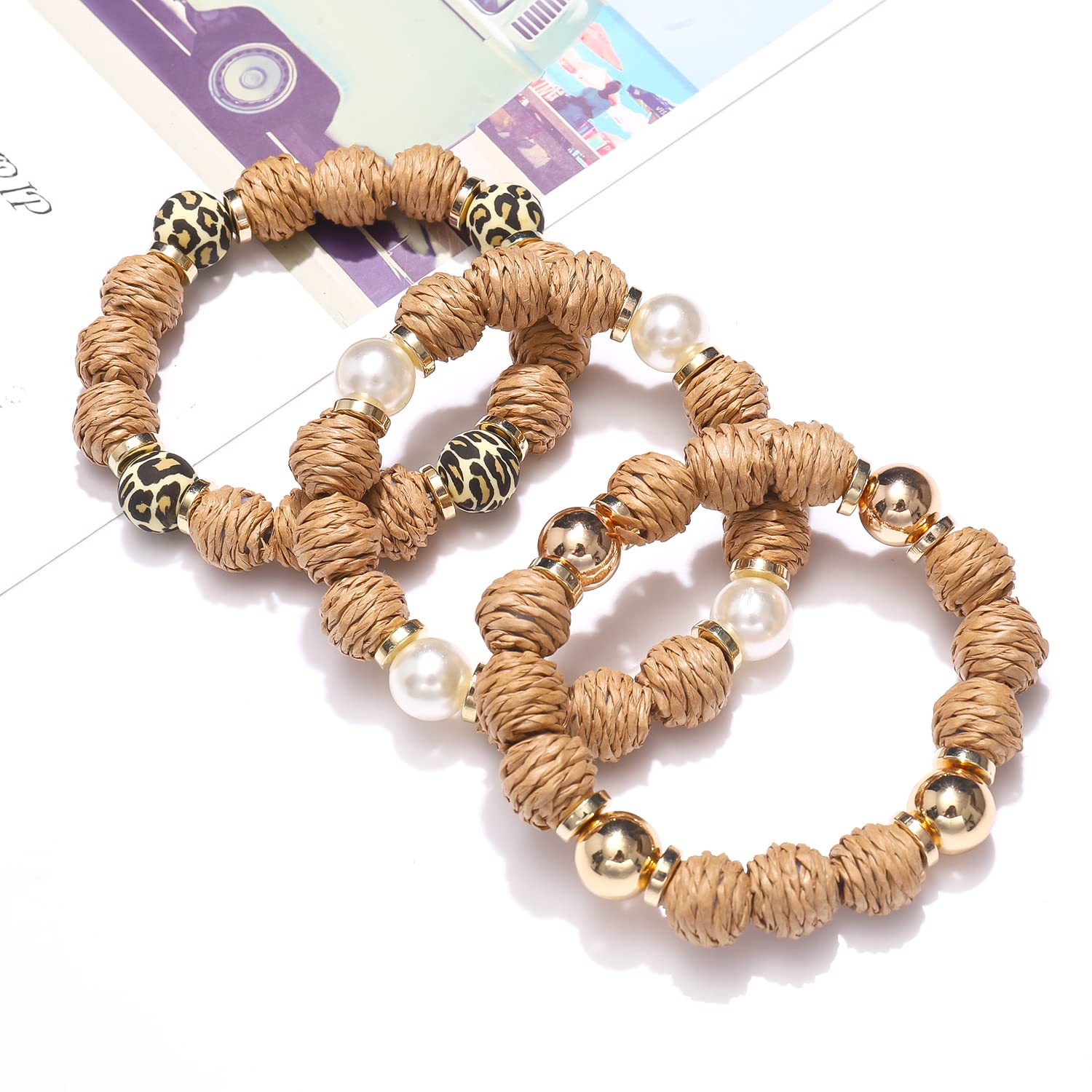Handmade Woven Rattan Ball Beaded Stretch Bracelets for Women - Stackable Boho Bangle Jewelry Set for Summer, Beach, Vacation & Festival Wear