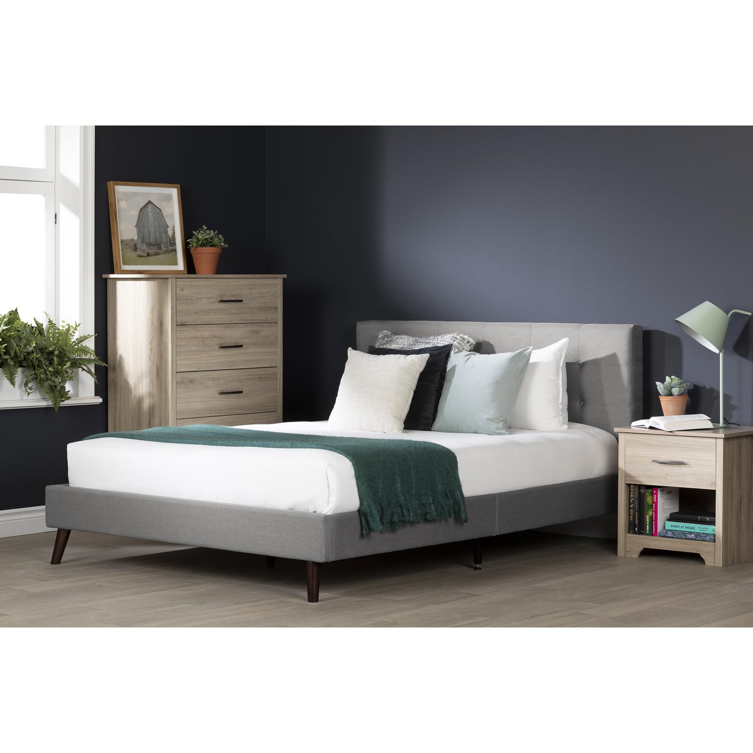 South Shore Fusion Padded Upholstered Platform Bed with Headboard - Full Size, Medium Gray - Modern Bedroom Furniture for Small Spaces & Guest Rooms