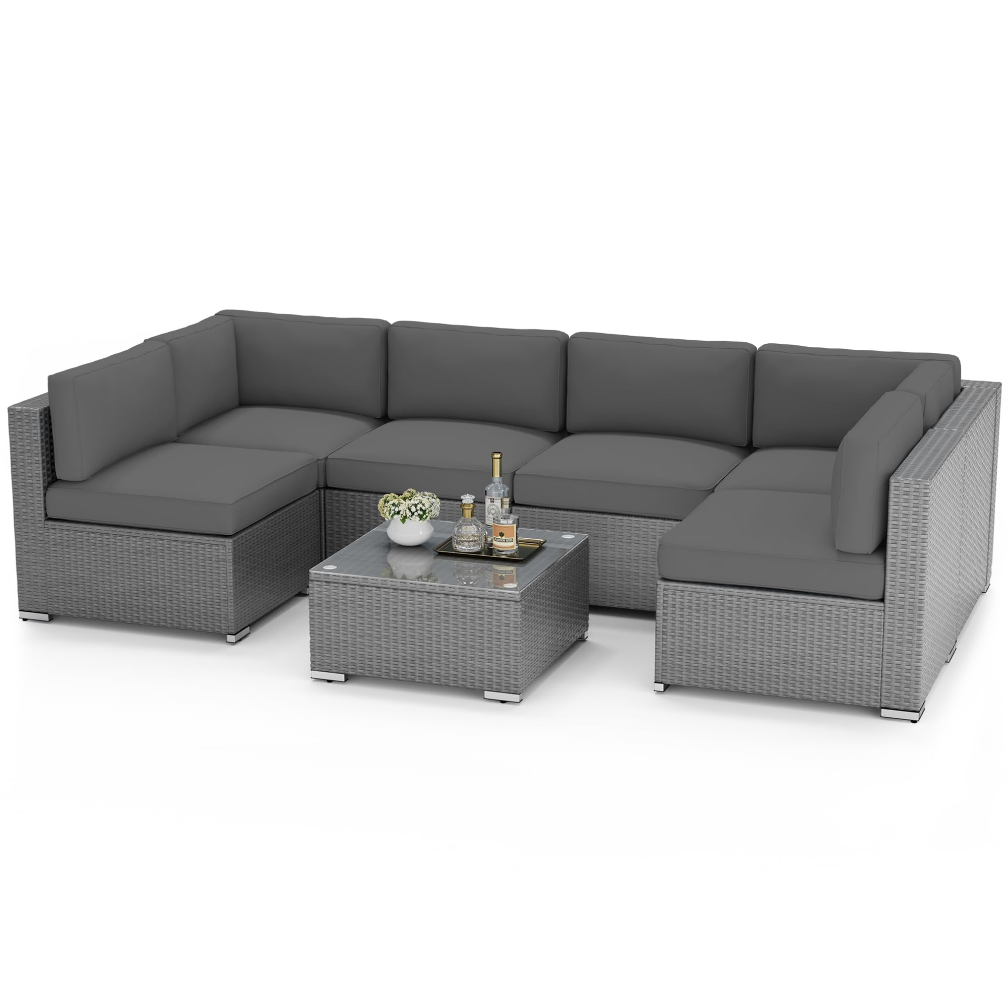 SOLAURA 7-Piece Outdoor Patio Furniture Set - Grey Wicker Sectional Sofa with Glass Coffee Table & Grey Cushions - Weather-Resistant Garden Conversation Seating for Backyard, Poolside or Terrace Relaxation