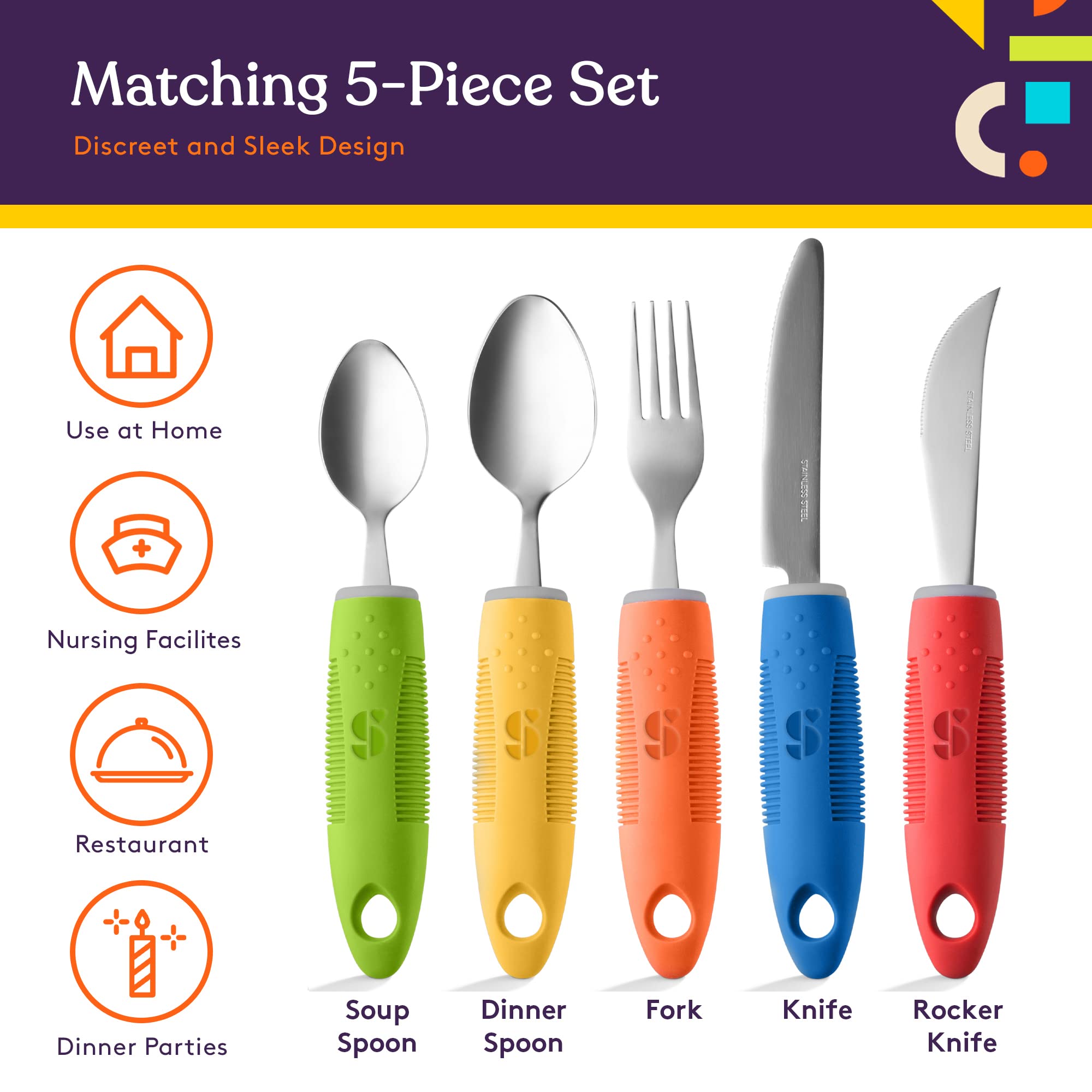 Special Supplies Adaptive Utensils (5-Piece Kitchen Set) - Wide Non-Slip Handles for Hand Tremors, Arthritis & Parkinson’s - Stainless Steel Knives, Forks & Spoons - Elderly & Disabled Friendly - Perfect for Daily Meals & Assisted Living