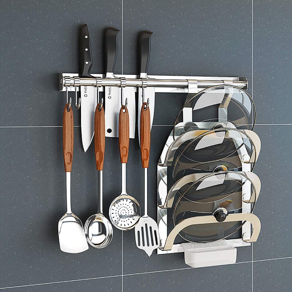 Stainless Steel Wall-Mounted Kitchen Organizer - 304 Pot Lid Rack with Knife Holder & 5 Hooks (46cm Hanging Rod) | Space-Saving Kitchen Storage for Pots, Pans & Utensils | Perfect for Small Kitchens & Apartment Living