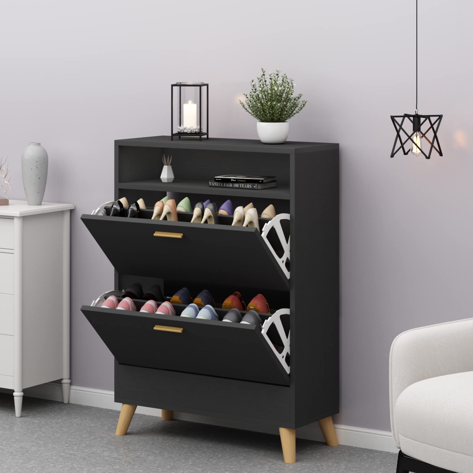16-Pair Shoe Storage Cabinet with 2 Flip Drawers - 3-Tier Free Standing Shoe Organizer for Entryway, Narrow Hidden Shoe Rack with Doors (Dark Black) - Perfect for Small Spaces, Closet Organization & Entryway Storage