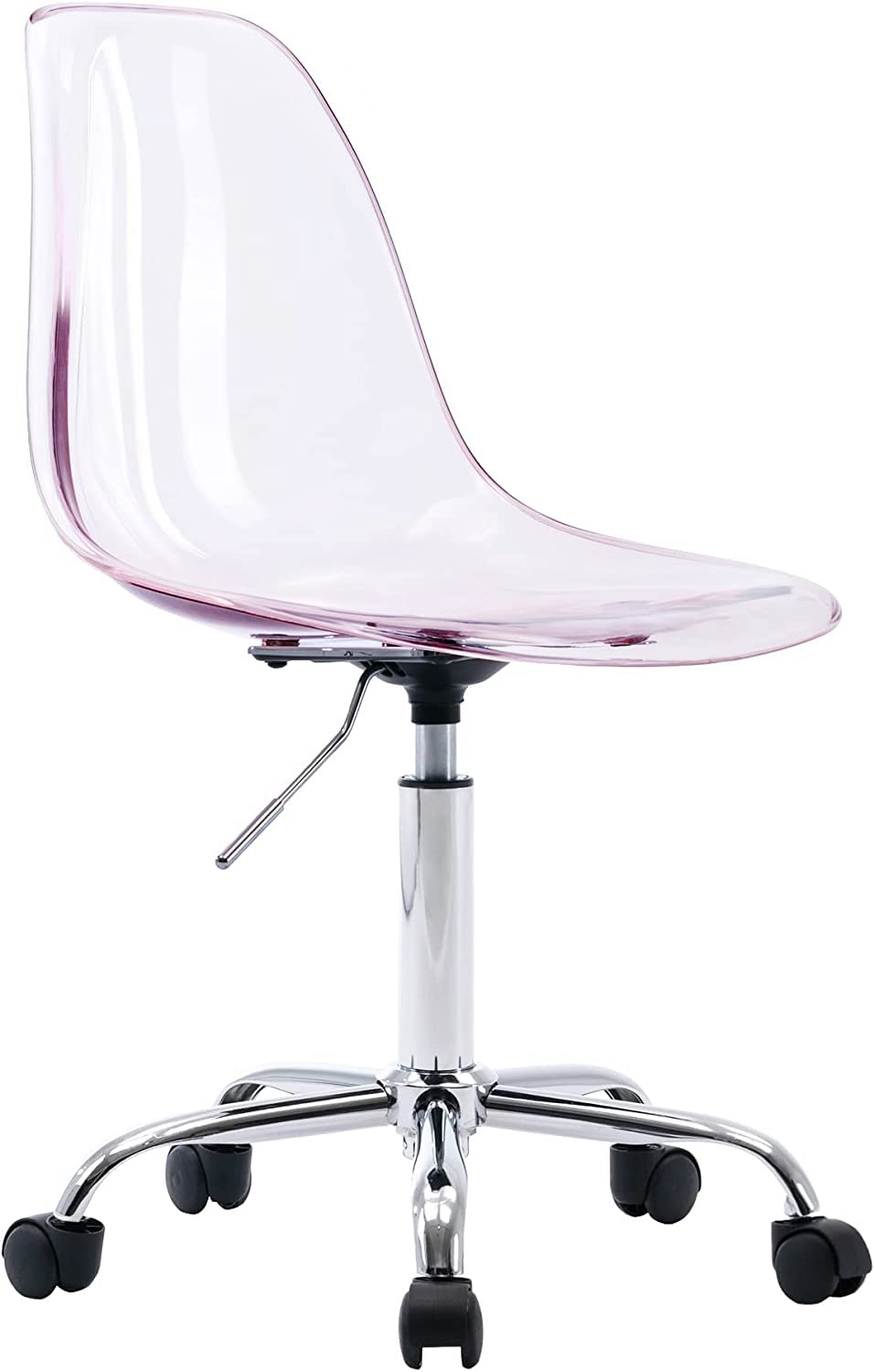 HOMEFUN Clear Acrylic Rolling Armless Swivel Chair - Height Adjustable Ghost Molded Plastic Office Chair with Wheels, Pink - Perfect for Home Office, Vanity Desk, and Modern Workspace Decor