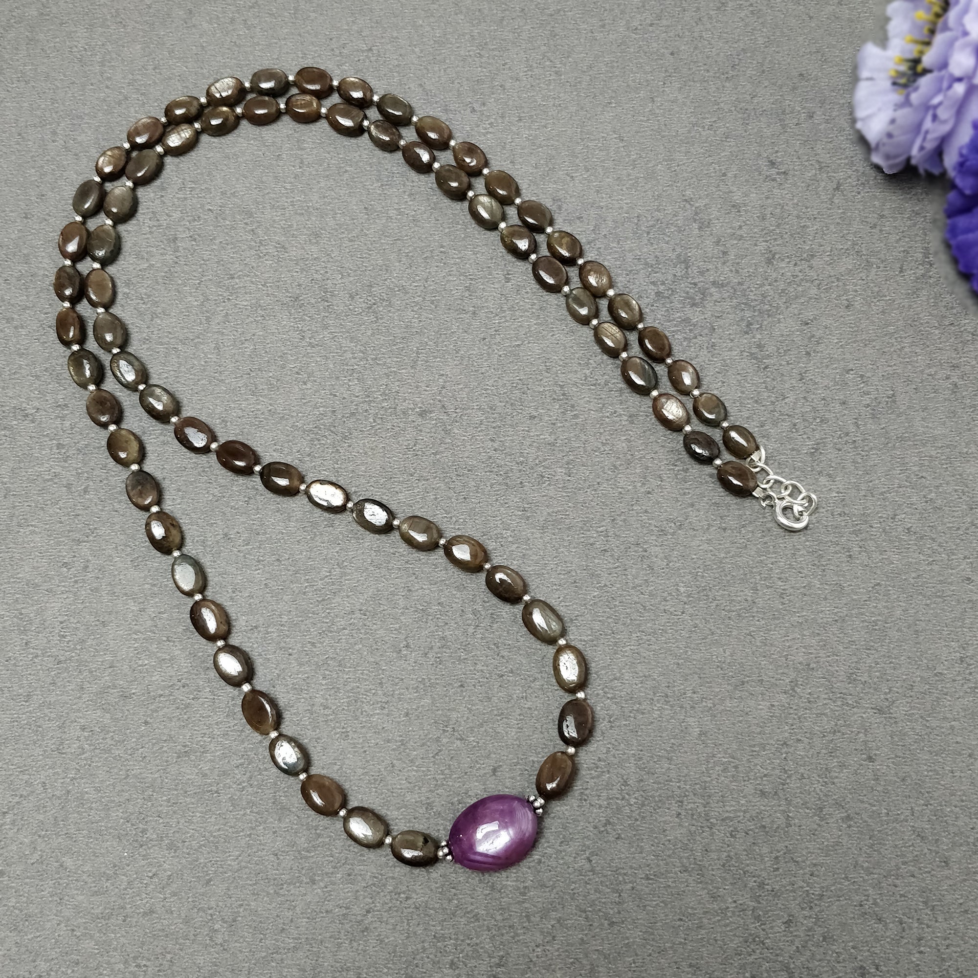 Natural Untreated Chocolate Sapphire & Star Ruby Gemstone Necklace - 131.45cts Oval Cut with 925 Sterling Silver (7x5mm - 15x11mm, 24.5