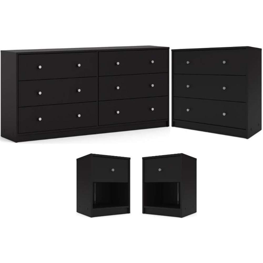 Scandinavian Modern 4-Piece Bedroom Furniture Set with 3-Drawer Chest, 6-Drawer Dresser & Nightstands - Black Finish with Pewter Handles for Contemporary Home Decor | Perfect for Master Bedroom, Guest Room or Apartment Living