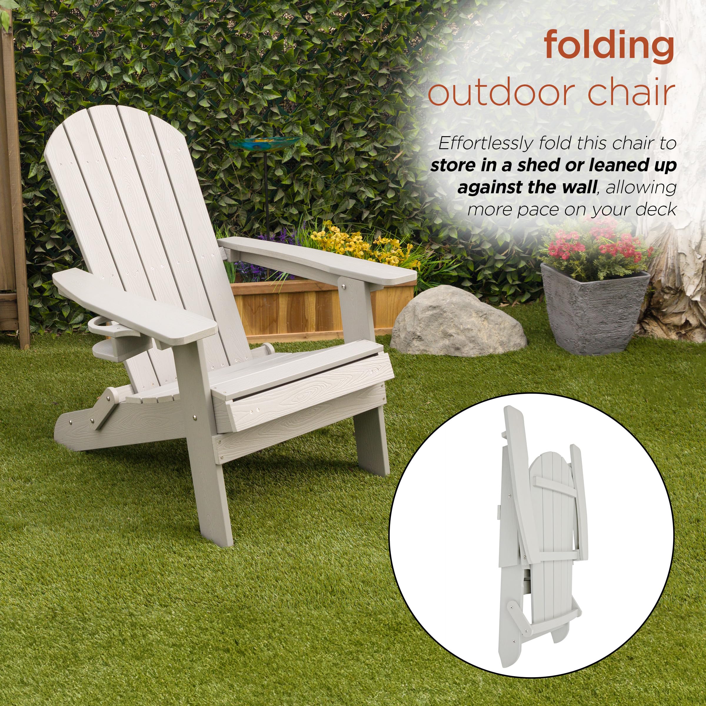 Alpine Corporation MFW104LGR Folding Adirondack Chair with Cup Holder & Ottoman - Outdoor Patio Furniture for Garden, Deck, Poolside & Backyard Relaxation - 38 Inch Height, Gray