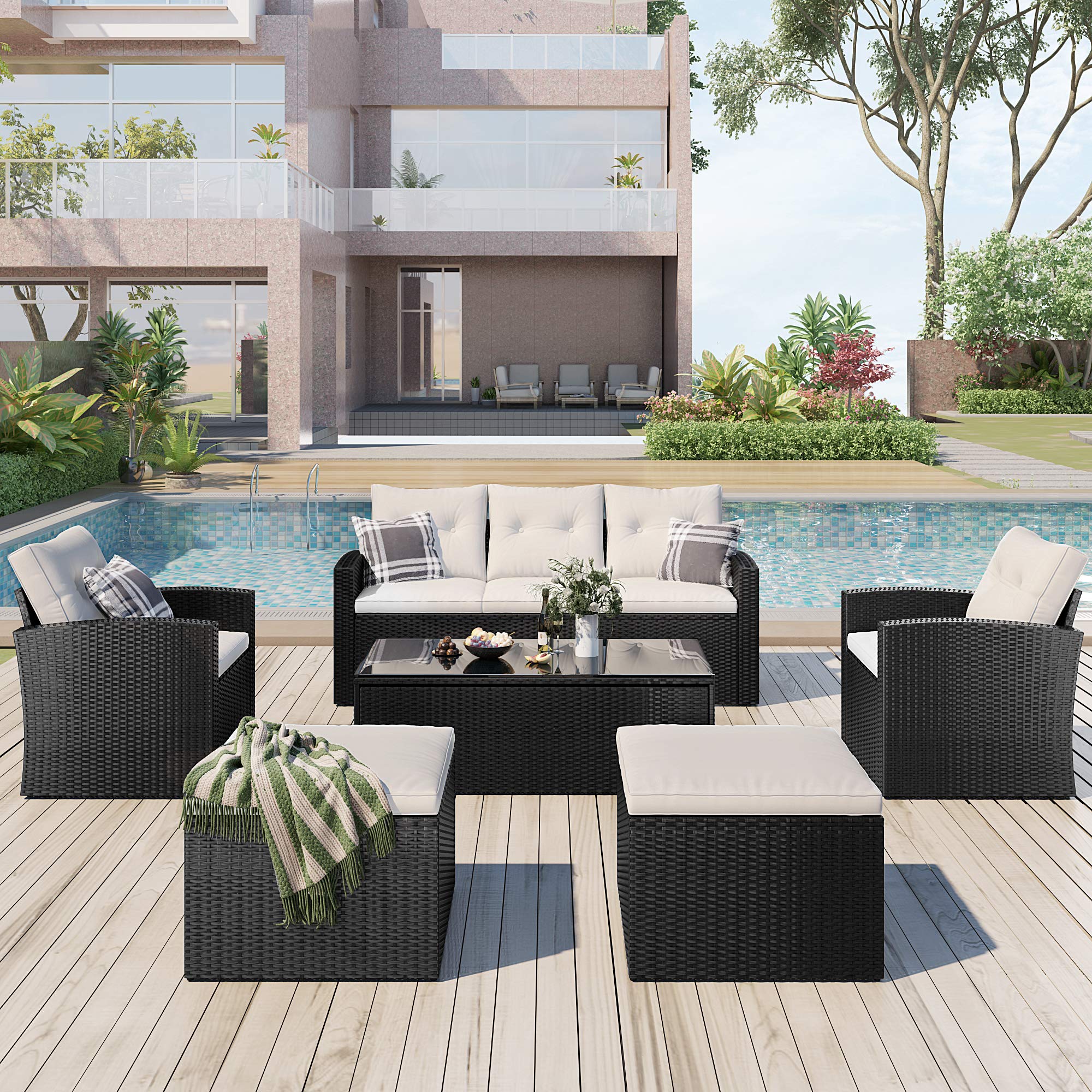 6-Piece Outdoor Patio Furniture Set - Rattan Wicker Sectional Sofa with Glass Coffee Table, Ottomans, Armchairs & Washable Cushions (Black + Beige) - Perfect for Backyard, Garden, Poolside & Patio Relaxation