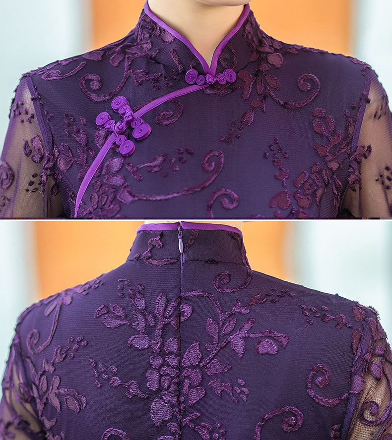 Elegant Purple Red Floral Velvet Qipao Cheongsam Dress - Vintage Chinese Traditional Dress for Women, Perfect for Weddings, Parties, and Special Occasions
