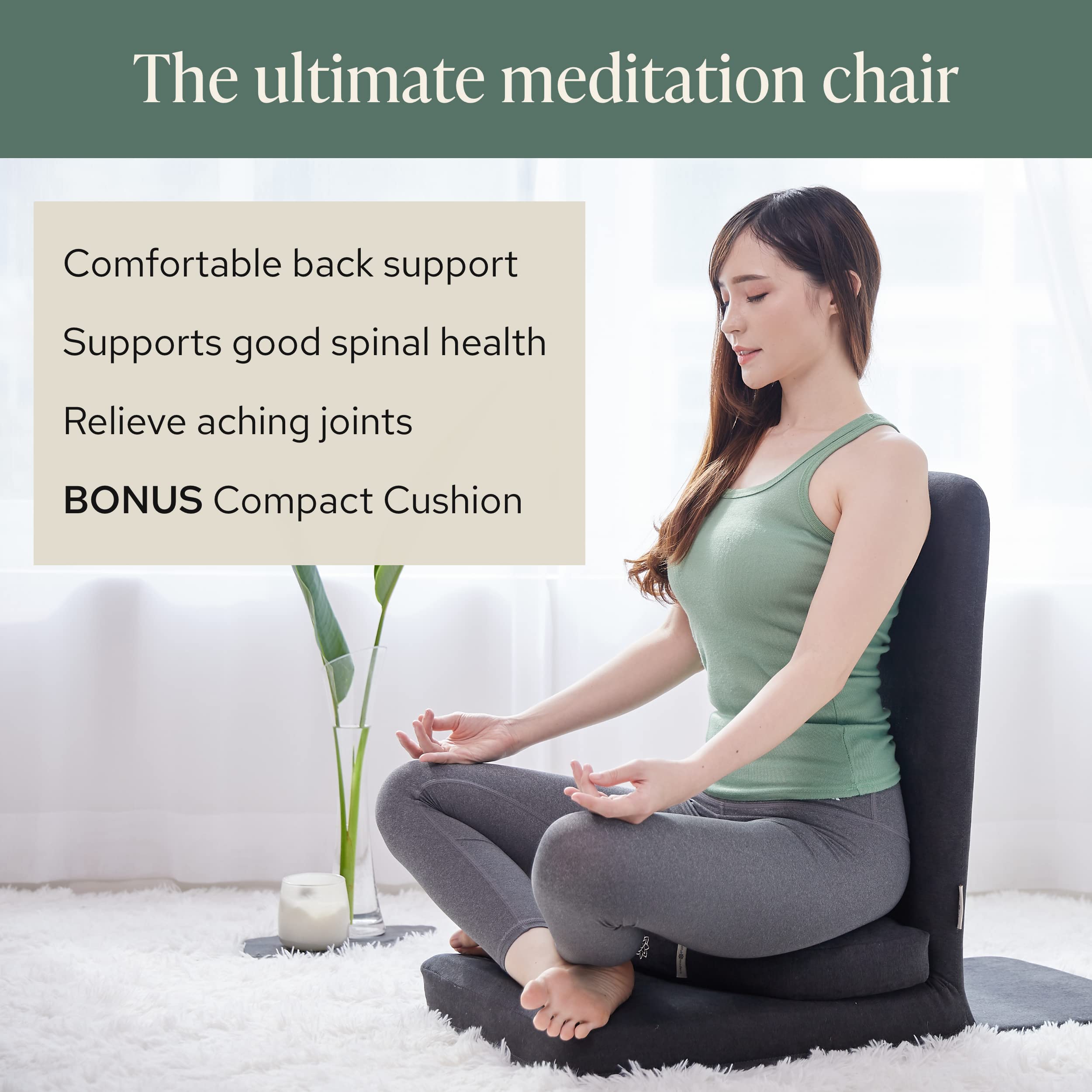 Mindful Modern Folding Meditation Chair with Back Support - Adjustable Floor Seating for Yoga & Zen - Half Moon Buckwheat Cushion Included - Perfect for Home Meditation, Living Room Relaxation & Mindfulness Practice