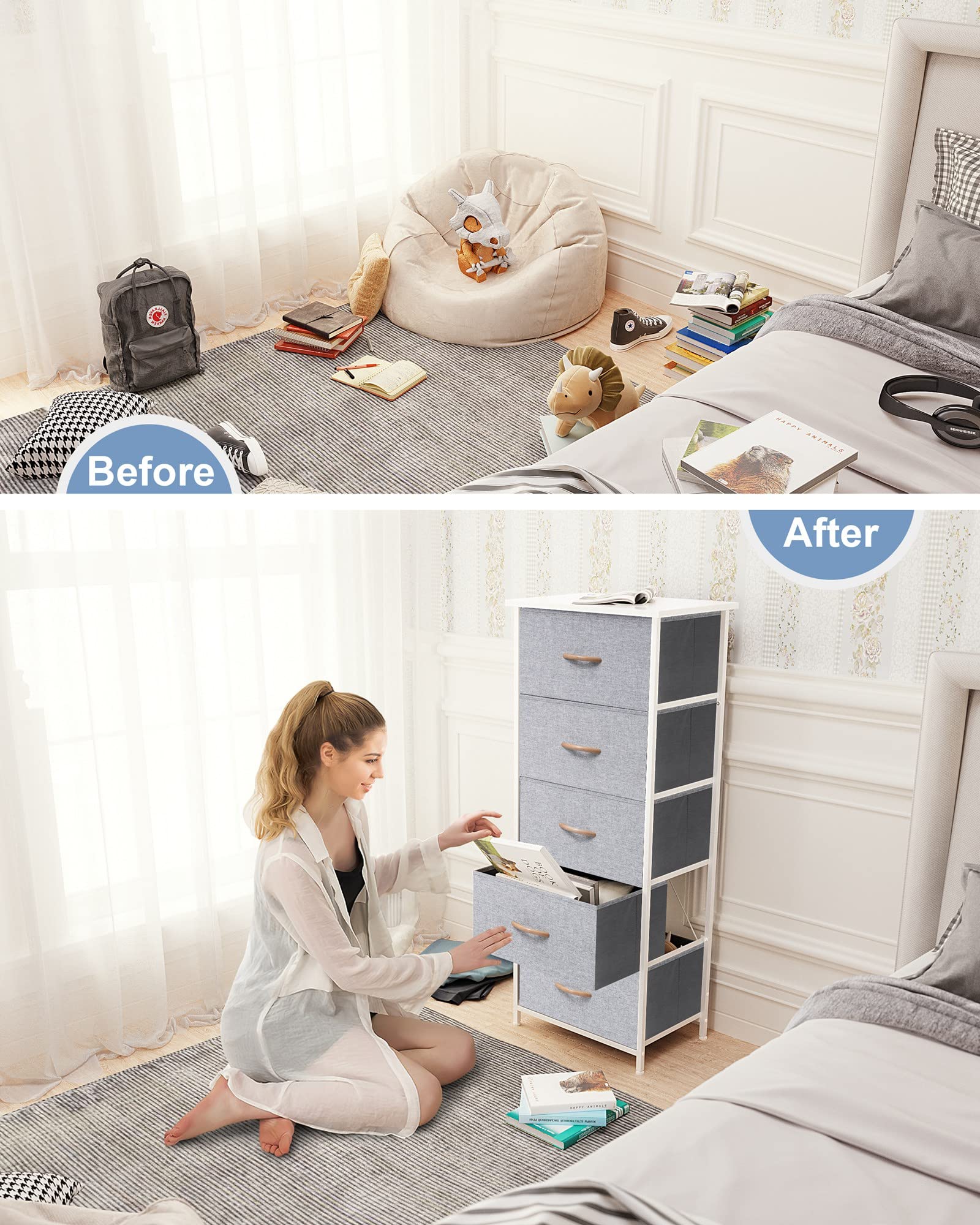 Vertical Dresser Storage Tower with Steel Frame & Wood Top - 5 Drawers for Bedroom & Closet Organization (Light Gray)