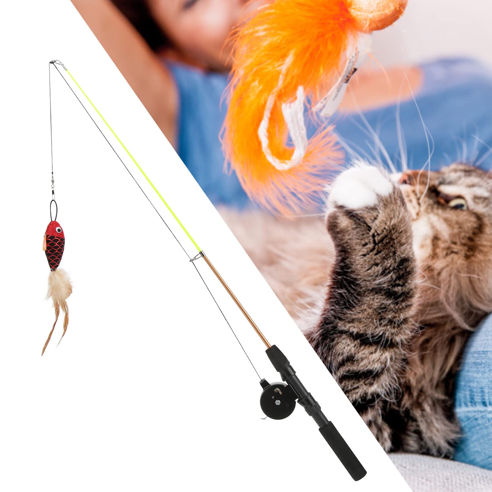 Interactive Cat Feather Teaser Wand Toy - Retractable Fishing Pole with Red Fish for Exercise & Play | Fun Indoor/Outdoor Cat Exercise Toy for Kittens & Adult Cats | Perfect for Playtime, Training & Bonding