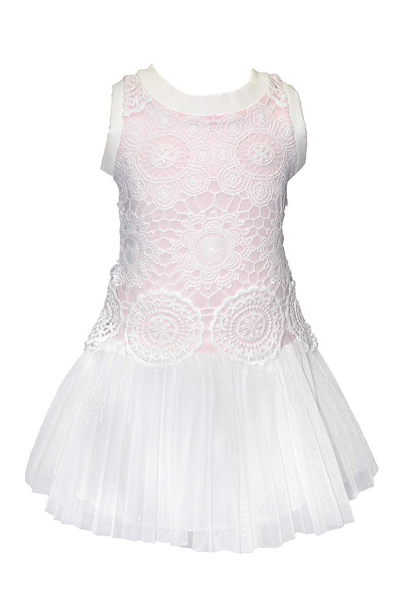 Biscotti 145 Ivory Pink Crazy for Crochet Pink Drop Waist Dress - Elegant Lace Crochet Floral Summer Dress for Women | Perfect for Weddings, Parties & Special Occasions