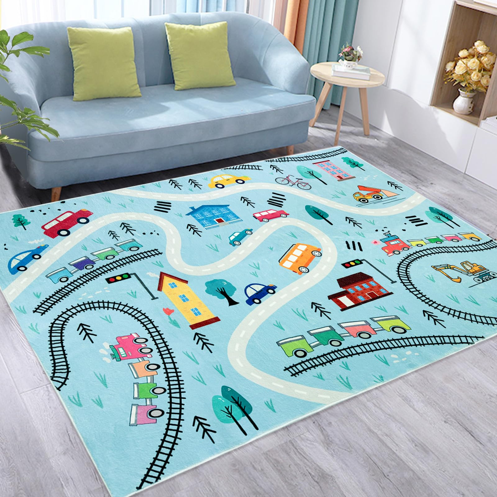 6Ft Large Kids Play Mat - Blue Road Map Car Rug for Toddlers & Children | Educational Traffic Adventure Area Rug for Playroom, Nursery & Bedroom Decor (4x6Ft) - Perfect for Learning, Playtime & Room Decoration