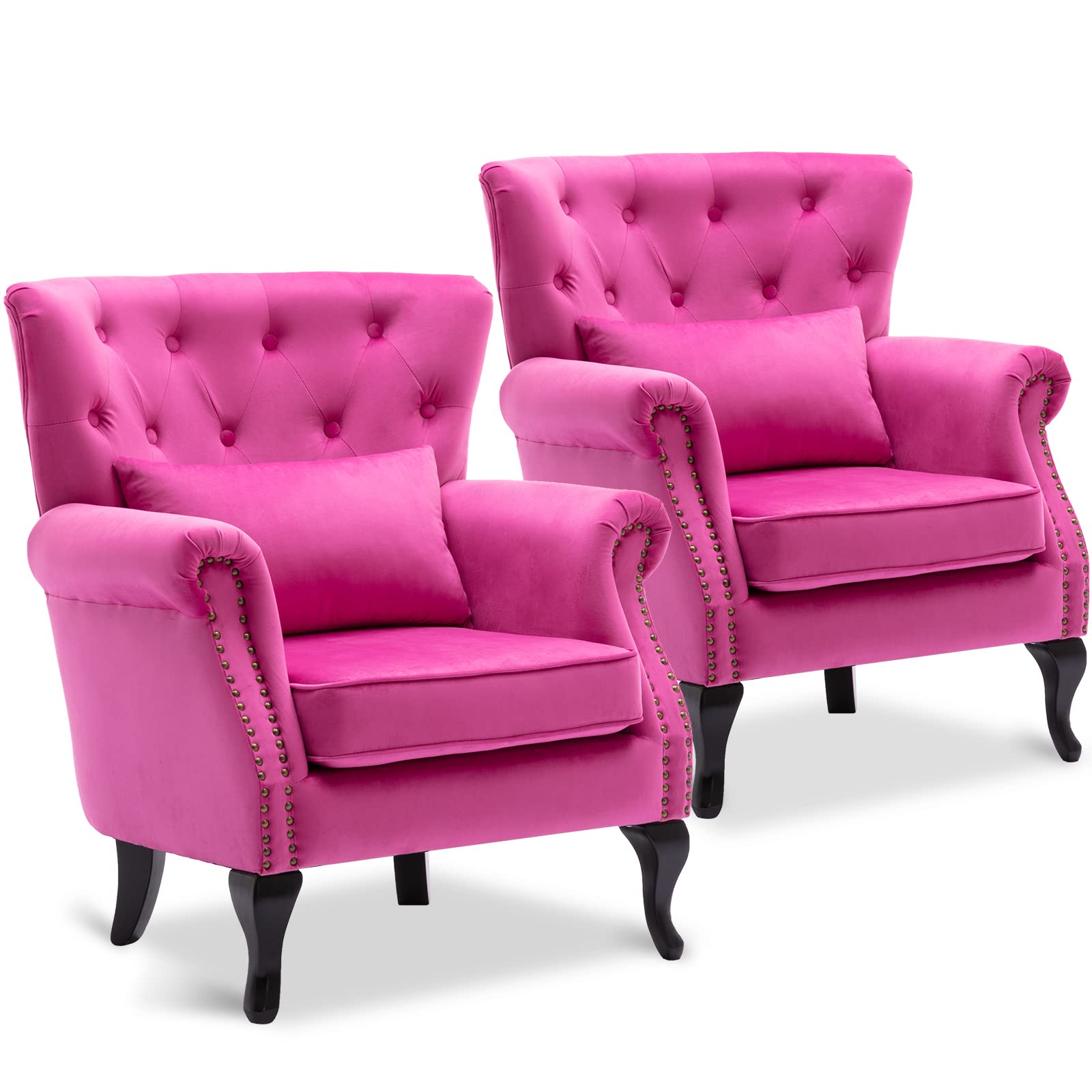 Mid-Century Modern Accent Reading Arm Chairs Set of 2 - Velvet Rose Wingback Club Chairs with Button Tufted Back & Lumbar Pillow | Living Room, Bedroom, Study & Waiting Room Furniture | Comfy Corner Sofa Chairs for Relaxing & Reading