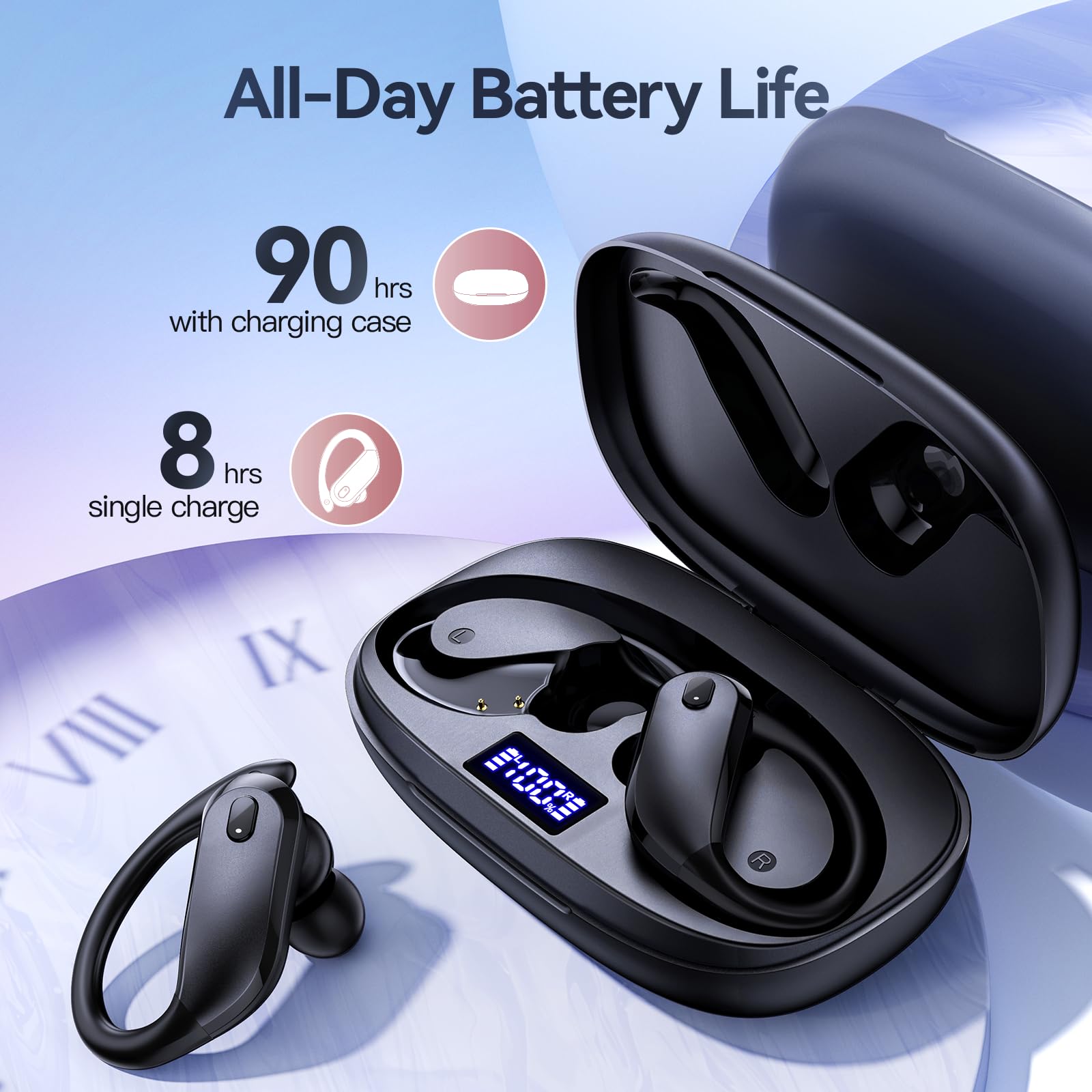 GNMN Wireless Bluetooth Earbuds with 90H Playback, IPX7 Waterproof, Deep Bass & Wireless Charging Case - Over Ear Sports Headphones with Dual LED Power Display & Earhooks for Running, Gym, Workout (Black) - Perfect for Fitness, Commuting & Travel