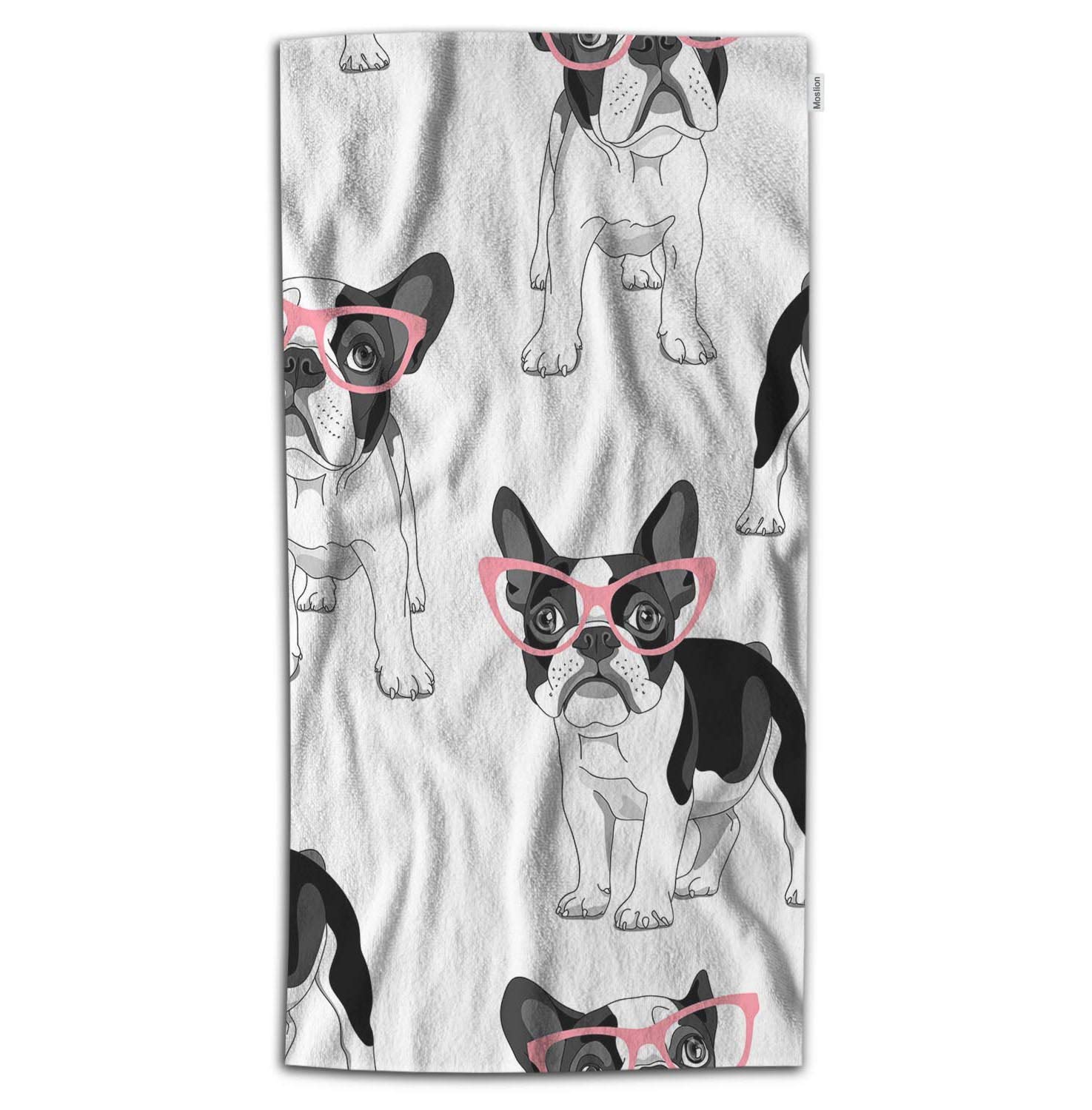 Cute Cartoon French Bulldog Dog Bath Towel - Soft Microfiber Pet & Baby Hand Towel for Bath, Beach, Travel - 32x64 Inch Black & White with Pink Glasses Design - Perfect for Kids, Bathrooms & Outdoor Activities