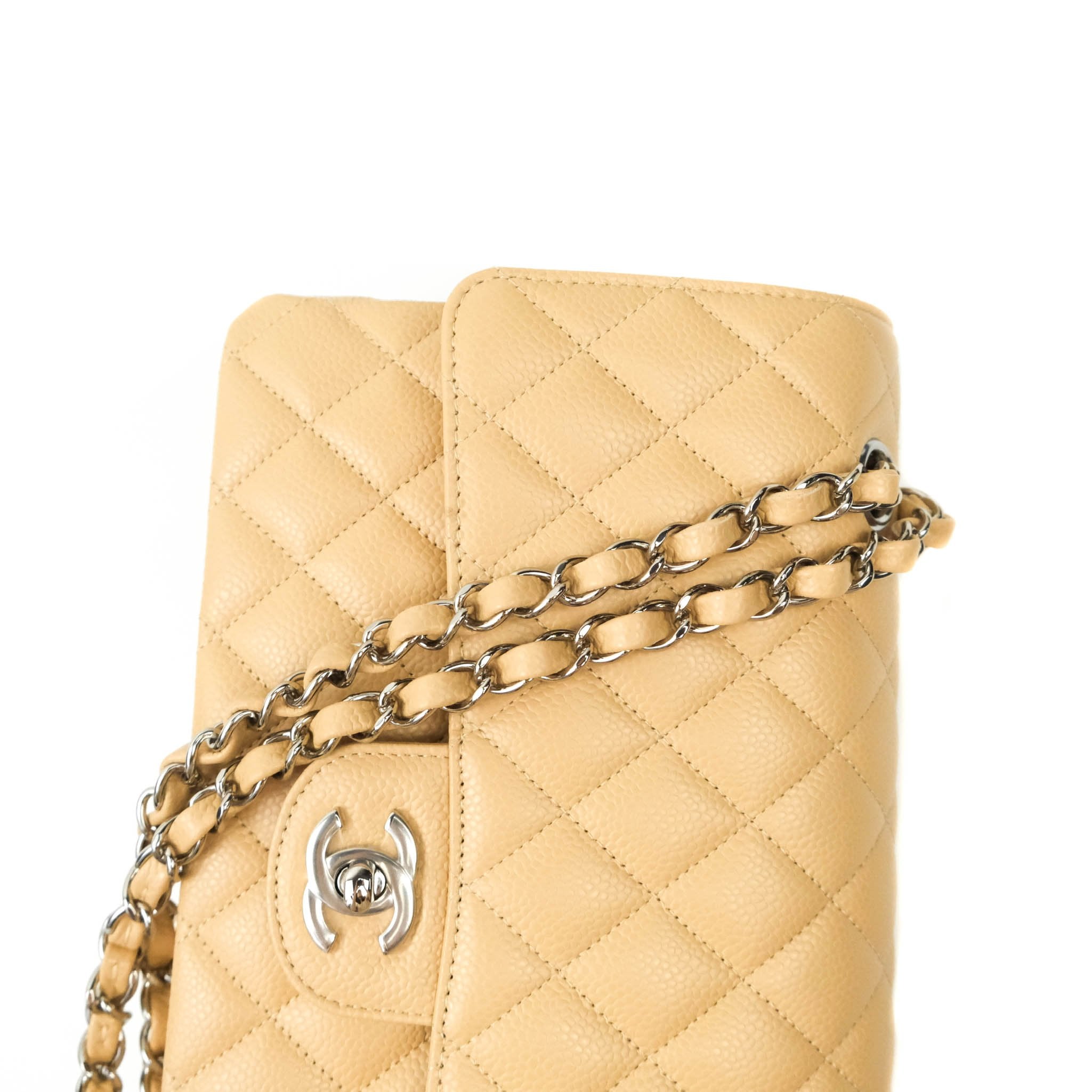 Chanel Classic M/L Medium Double Flap Bag in Beige Caviar Leather with Silver Hardware - Luxury Handbag for Women, Perfect for Work, Parties & Everyday Use
