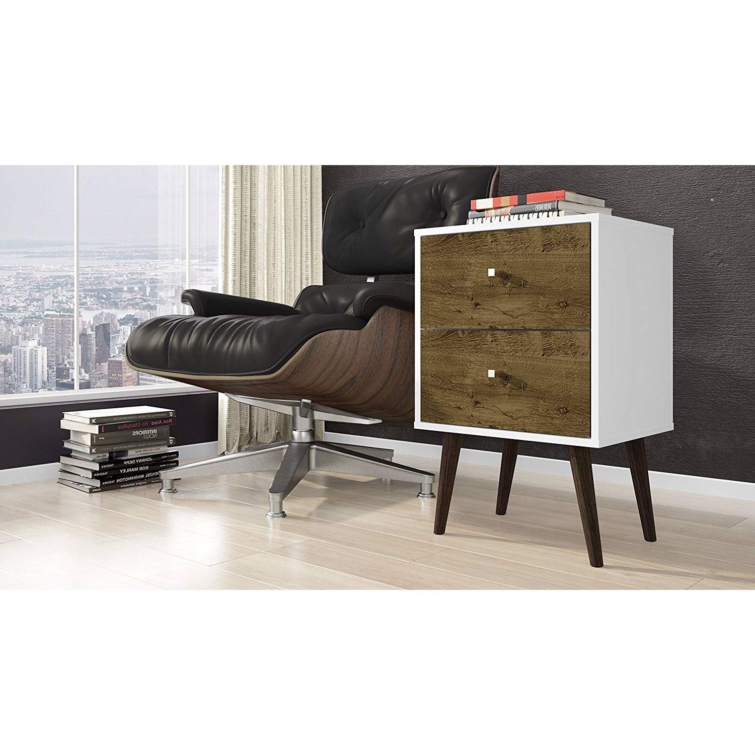 Modern Mid-Century Side Table Nightstand in White and Wood Finish - Stylish Bedroom & Living Room Accent Furniture for Home Decor