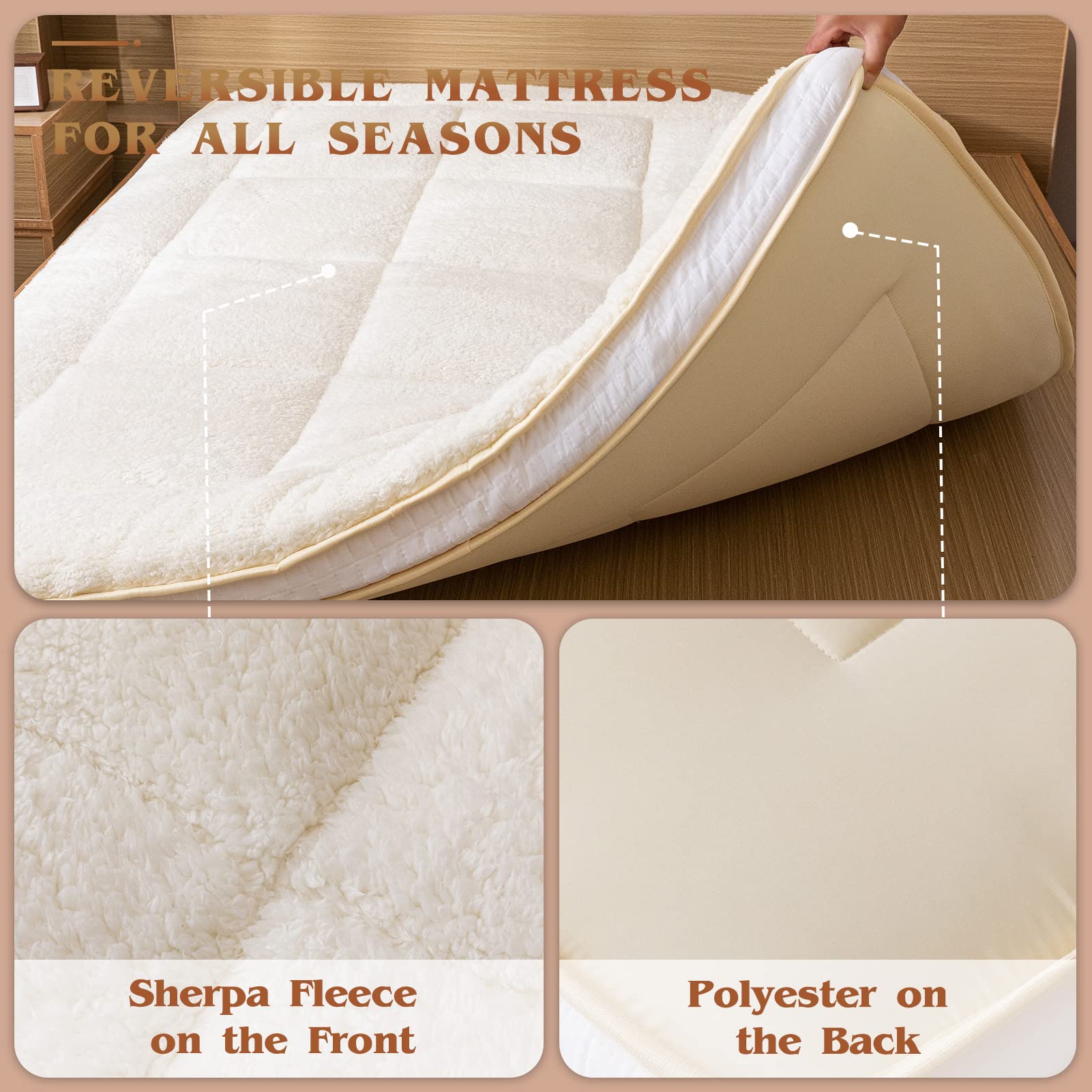 MAXYOYO Sherpa Fleece Padded Japanese Floor Mattress - Ultra Soft Fluffy Futon for All Seasons in Beige | Perfect for Guest Beds, Living Room Lounging & Cozy Home Decor