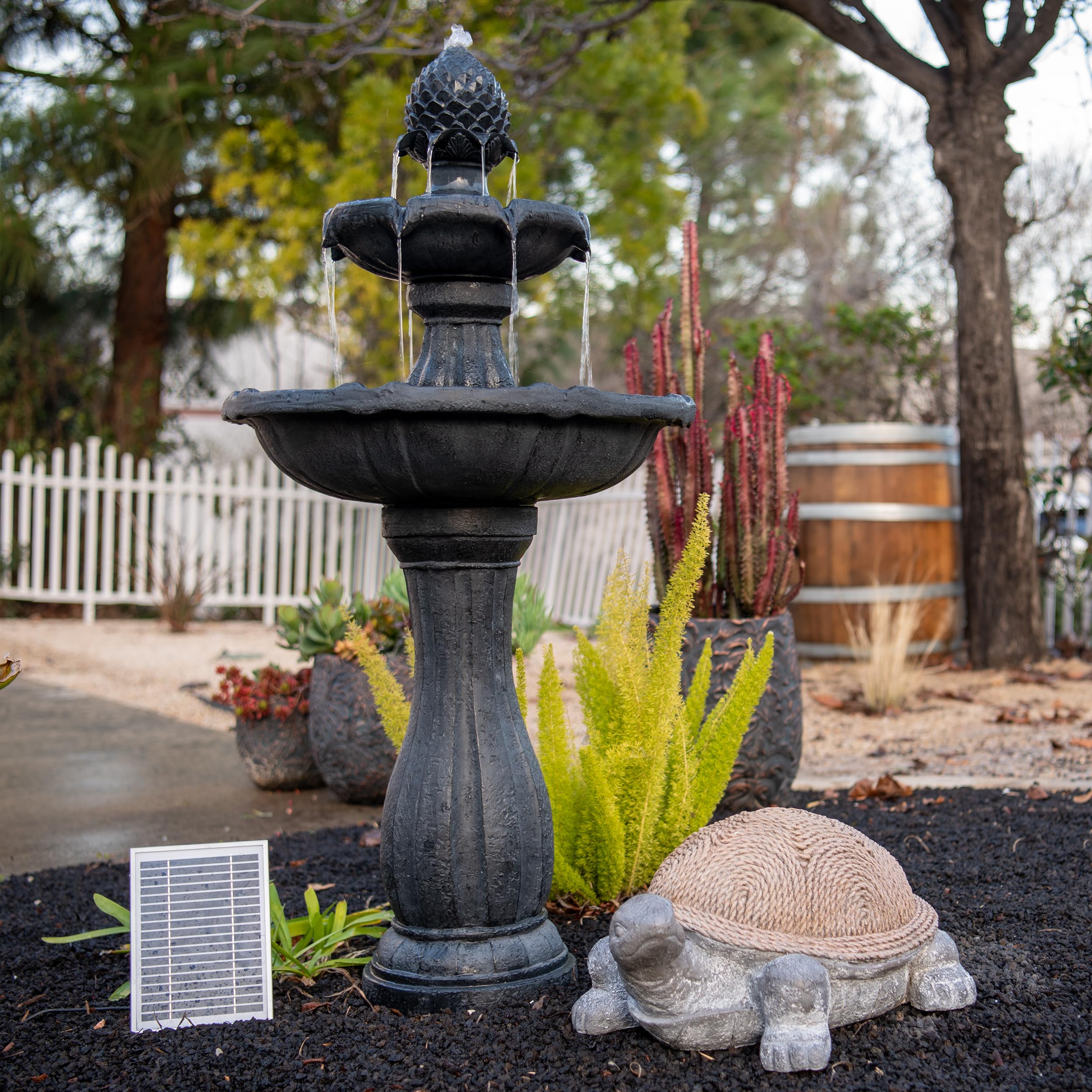 XBrand 44-Inch Tall Black Fiberglass/Resin 2-Tier Solar Water Fountain with Solar Panel & Auto-Shut Off Pump - Outdoor Garden Decor for Patio, Yard, and Landscape (Perfect for Bird Baths & Relaxation)