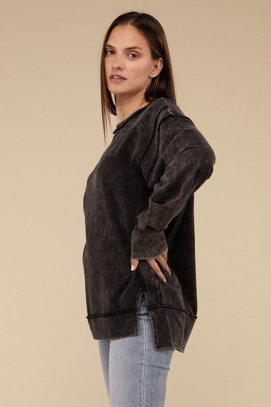 Acid Wash French Terry Exposed Seam Sweatshirt | Vintage Distressed Pullover | Casual Streetwear for Men & Women | Perfect for Fall Layering and Urban Fashion