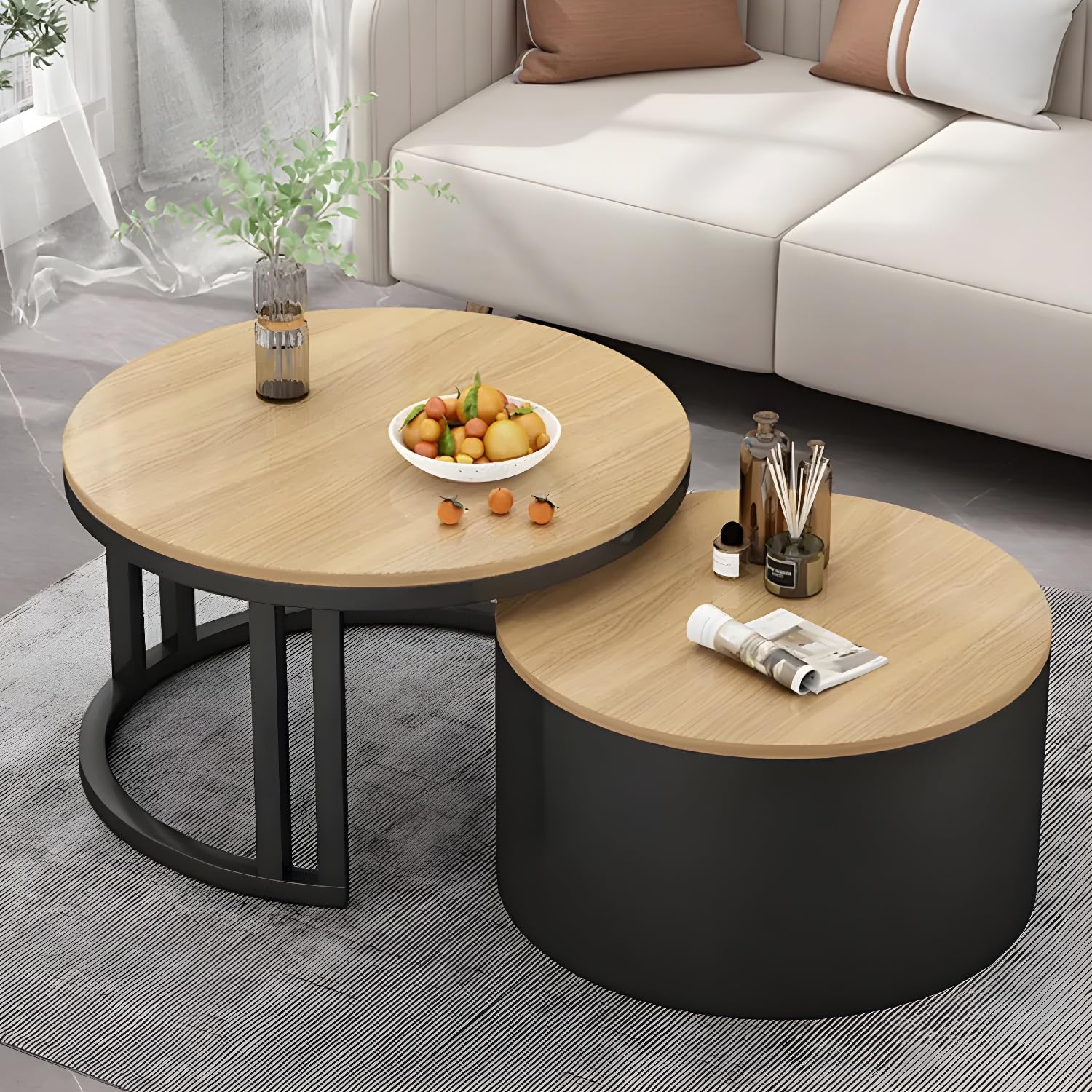 Modern Round Nesting Coffee Table with Steel Base & Storage - Black & Natural Finish for Living Room, Home Office | Space-Saving Center Table for Small Spaces & Stylish Home Decor