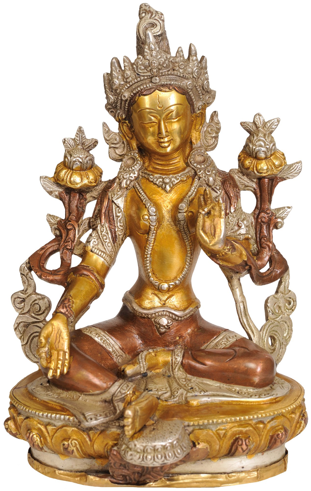 Green Tara Tibetan Buddhist Deity Brass Statue - Copper Silver Gold Finish for Home Altar, Meditation Space & Spiritual Decor