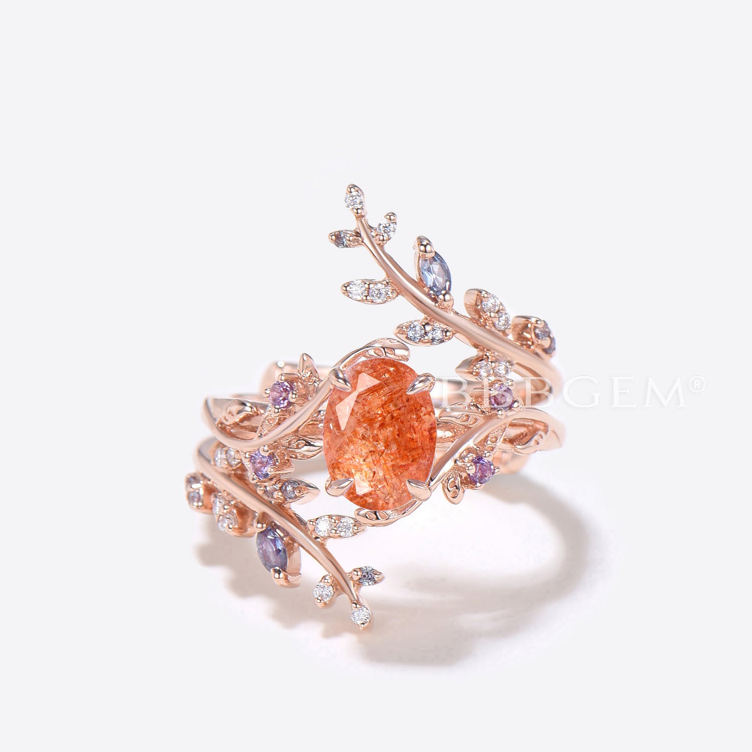 Leaf Oval Sunstone Engagement Ring & Rose Gold Enhancer Guard Ring Set - Perfect for Weddings, Proposals, and Anniversary Gifts