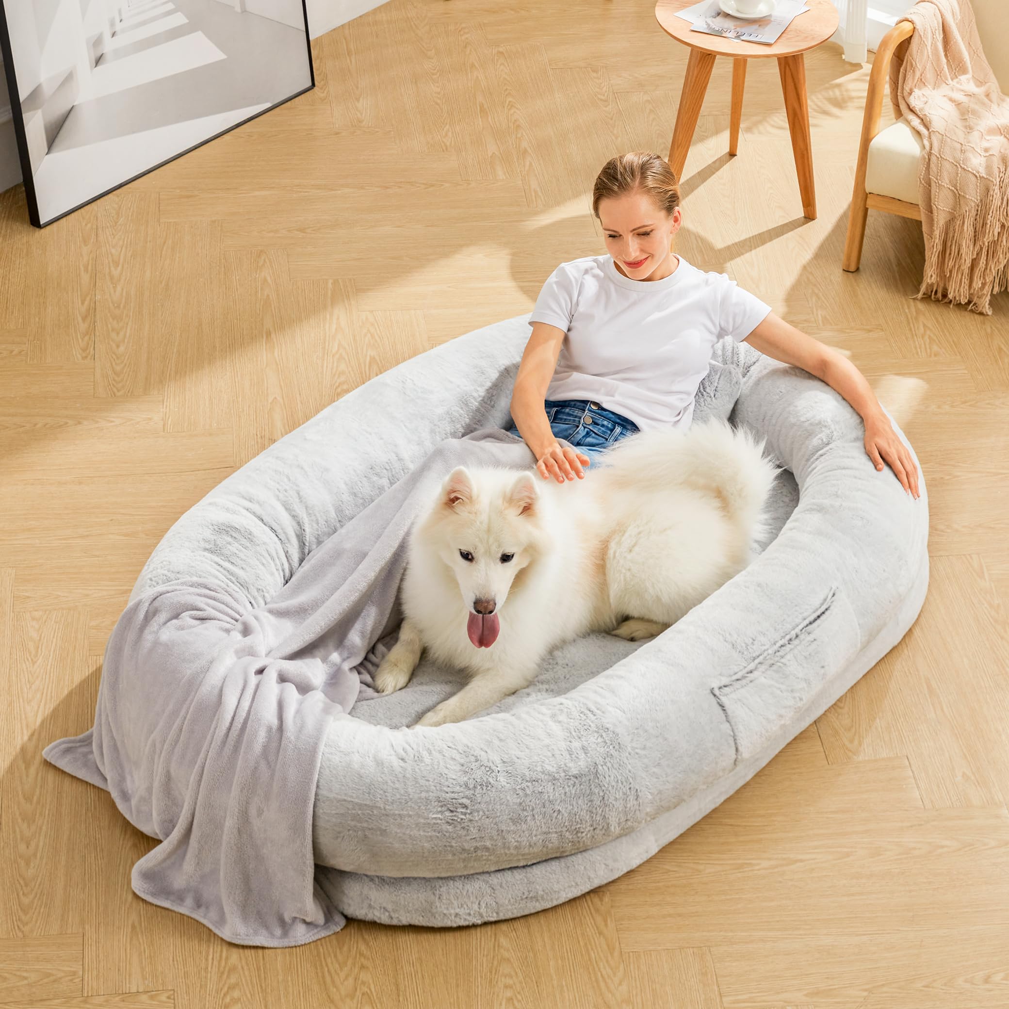 71''x47''x12.5'' Human Dog Bed - Washable Faux Fur Large Orthopedic Pet Bed for People & Dogs, Perfect for Napping, Dozing Off with Plush Pillow & Blanket Included, Grey - Ideal for Living Room, Bedroom or Pet-Friendly Spaces