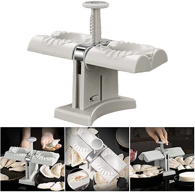 Automatic Double Head Dumpling Maker Mold - Safe ABS Material for Home & Restaurant Use - Wrap 2 Dumplings at Once - Easy Kitchen Tool (Silver) - Perfect for Family Cooking & Asian Cuisine Preparation