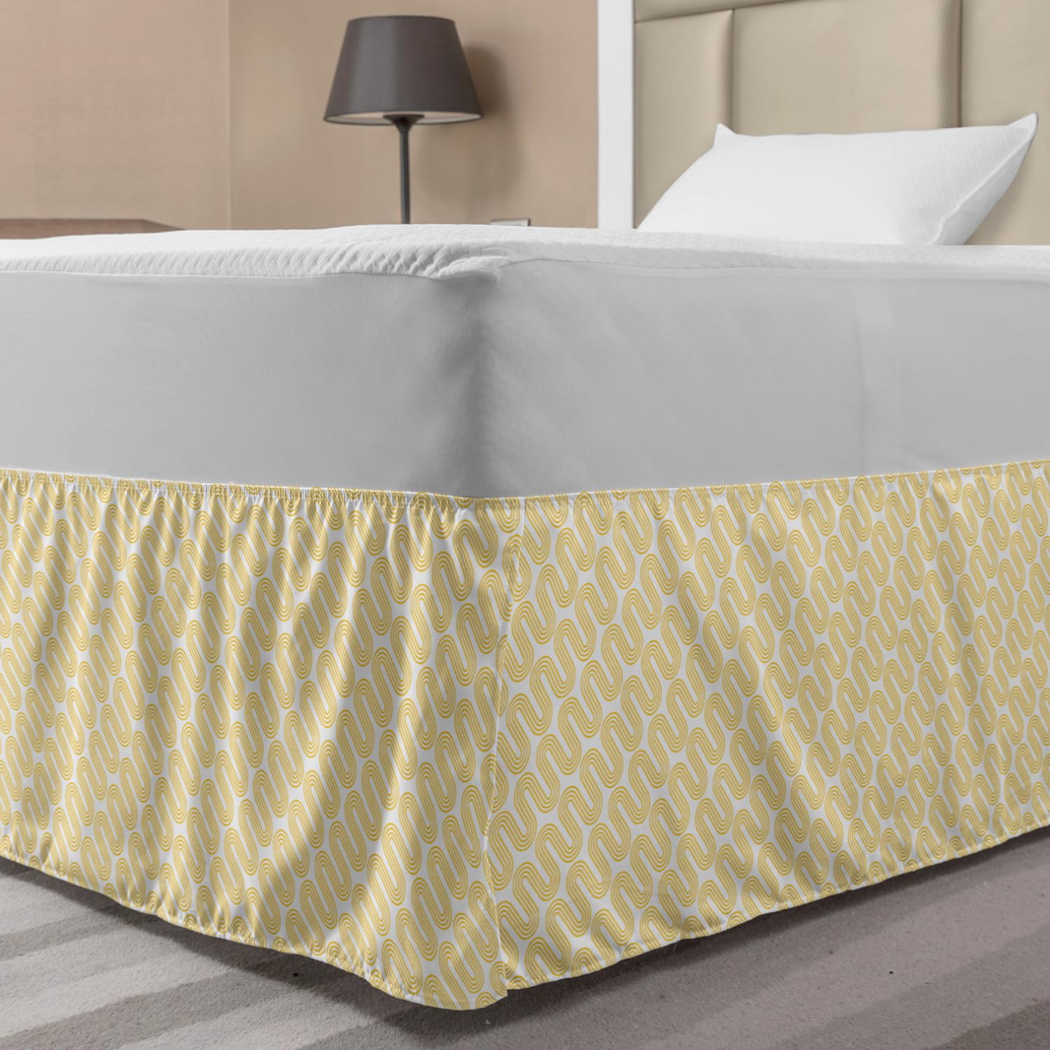 Ambesonne Geometric Bed Skirt with Abstract Wavy Lines - Elastic Dust Ruffle Wrap Around for Twin/Twin XL Beds - White & Mustard Home Decor - Perfect for Modern Bedroom Styling and Guest Room Makeovers