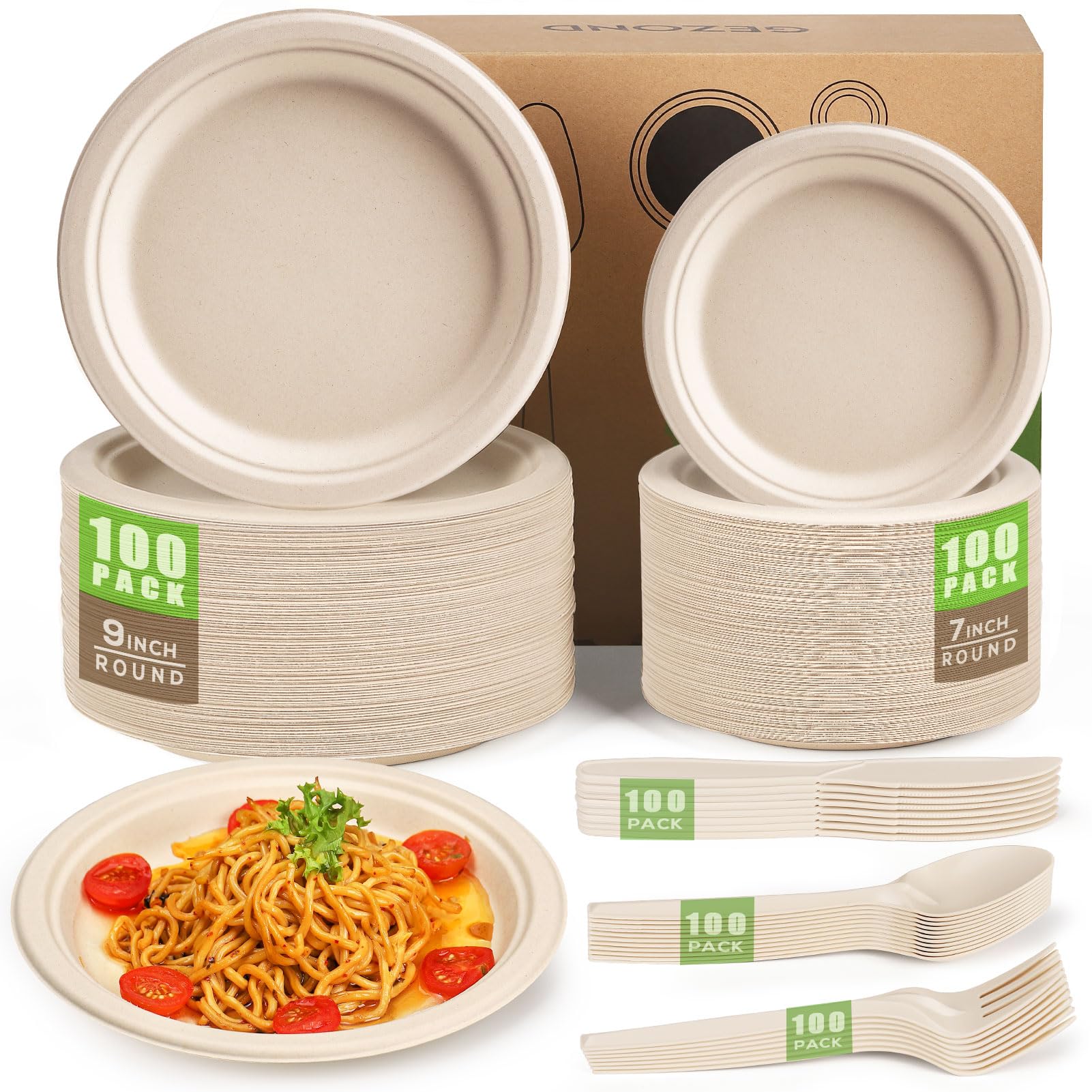 Eco-Friendly Compostable Paper Plates Set - 500pcs Heavy Duty Disposable Plates & Cutlery for Parties, Picnics, BBQs & Outdoor Dining | Biodegradable Dinnerware