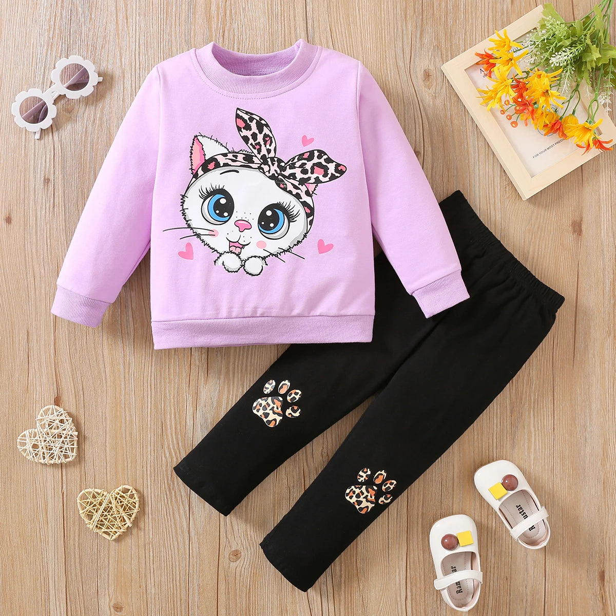 Girls' Autumn Long Sleeve Two-Piece Outfit with Bow & Big-Eyed Cat Print - Casual Cotton Kids Clothing Set for School, Playdates & Family Photos