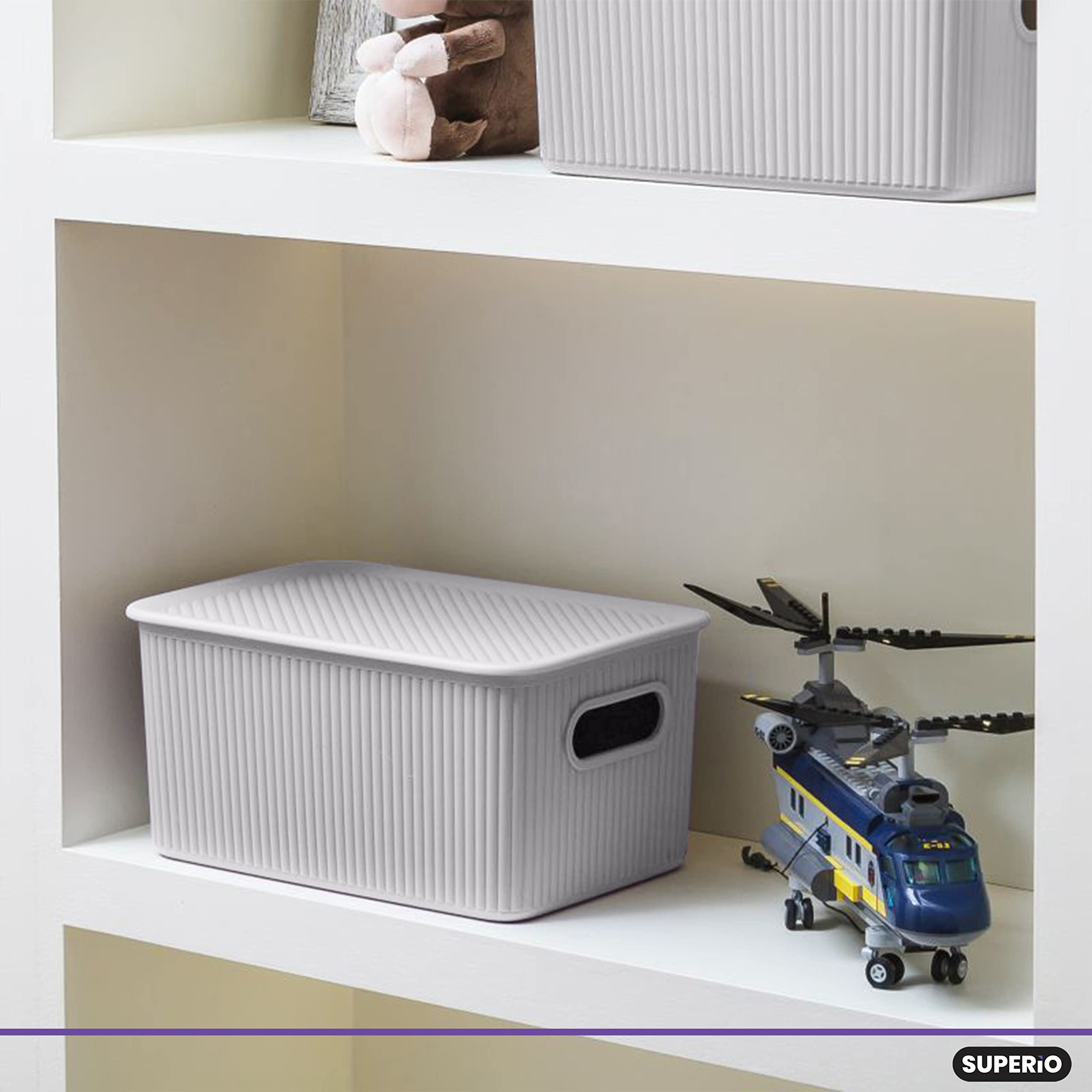 Superio Ribbed Collection - Decorative Plastic Open Storage Bins & Organizer Baskets, Medium White Smoke (1 Pack) - 5L Closet, Shelf & Drawer Organizer Boxes for Home, Office & Nursery Storage Solutions