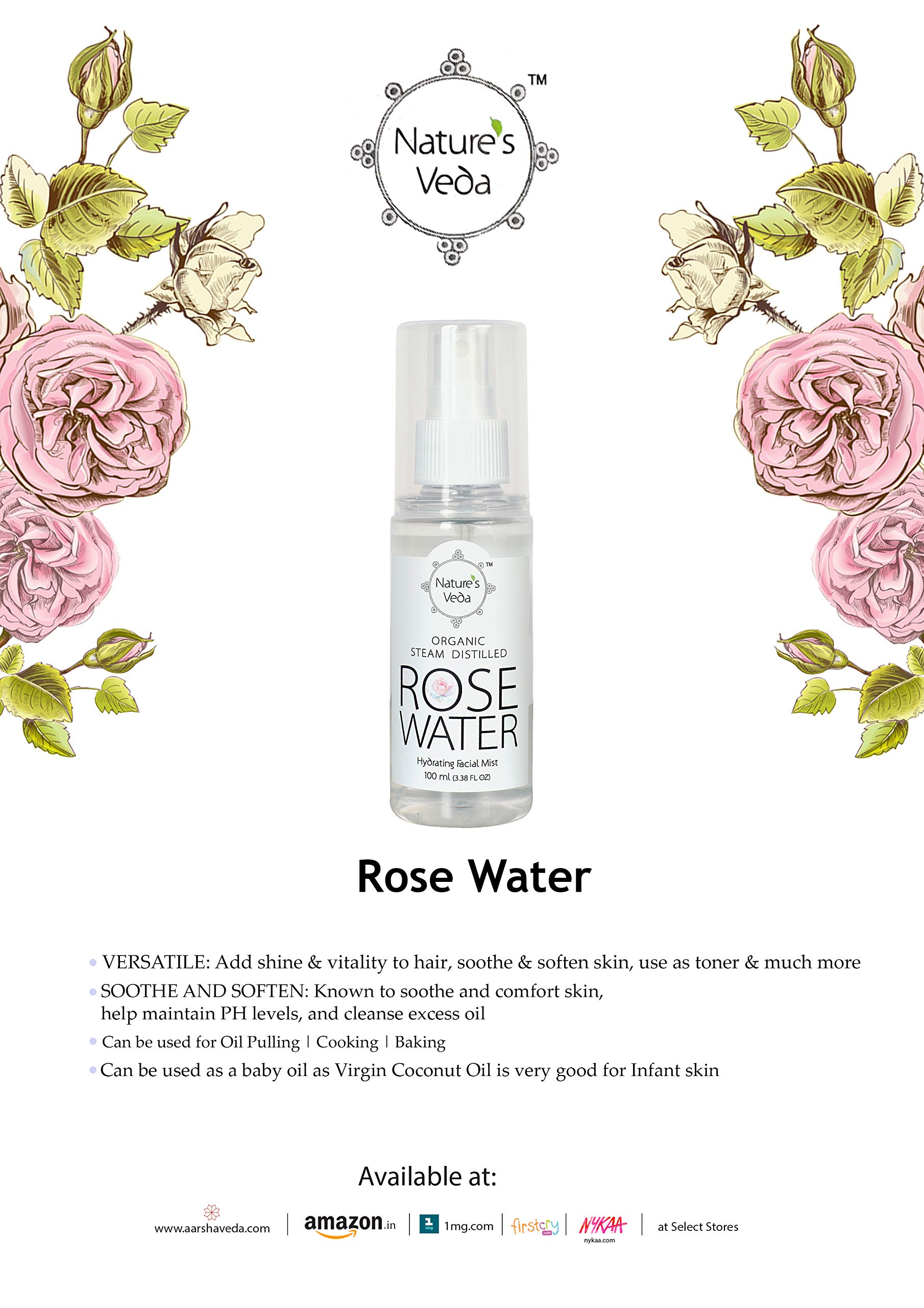 Nature's Veda 100% Pure Organic Rose Water (100ml) - Natural Skin Toner for Cleansing, Hydrating & Soothing | Helps Maintain pH Balance | Perfect for Daily Skincare, Makeup Setting & Post-Shave Relief