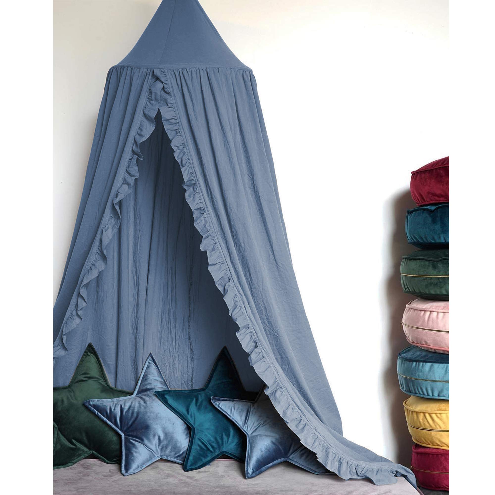 Bohemian Kids Bed Canopy with Frills - Hanging Play Tent for Reading Nook, Game Room & Nursery Decor (Blue) - Perfect for Bedrooms, Playrooms & Indoor Camping Adventures