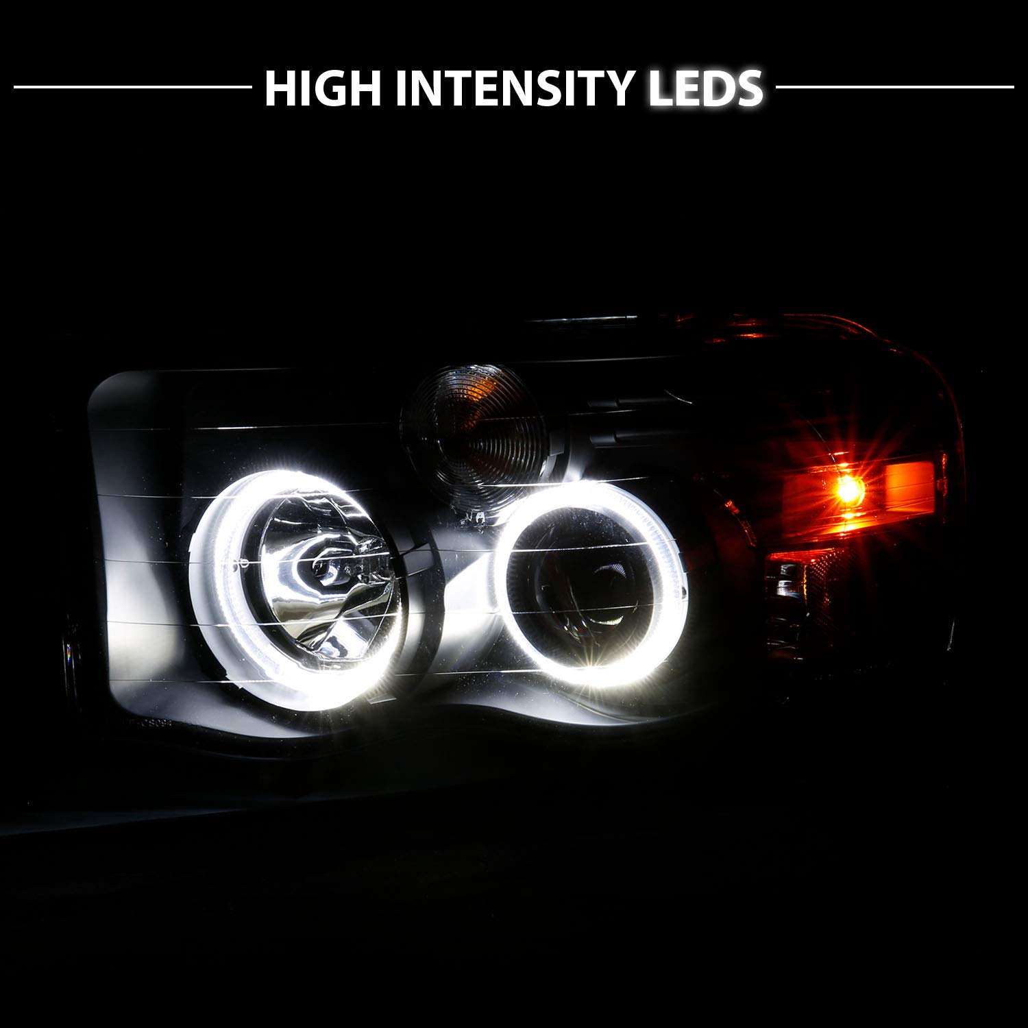 AmeriLite Black Dual LED Halo Rings Projector Headlights Replacement Pair for 2002-2005 Dodge RAM 1500 2500 3500 Truck - Driver & Passenger Side | High Visibility Night Driving & Off-Road Use