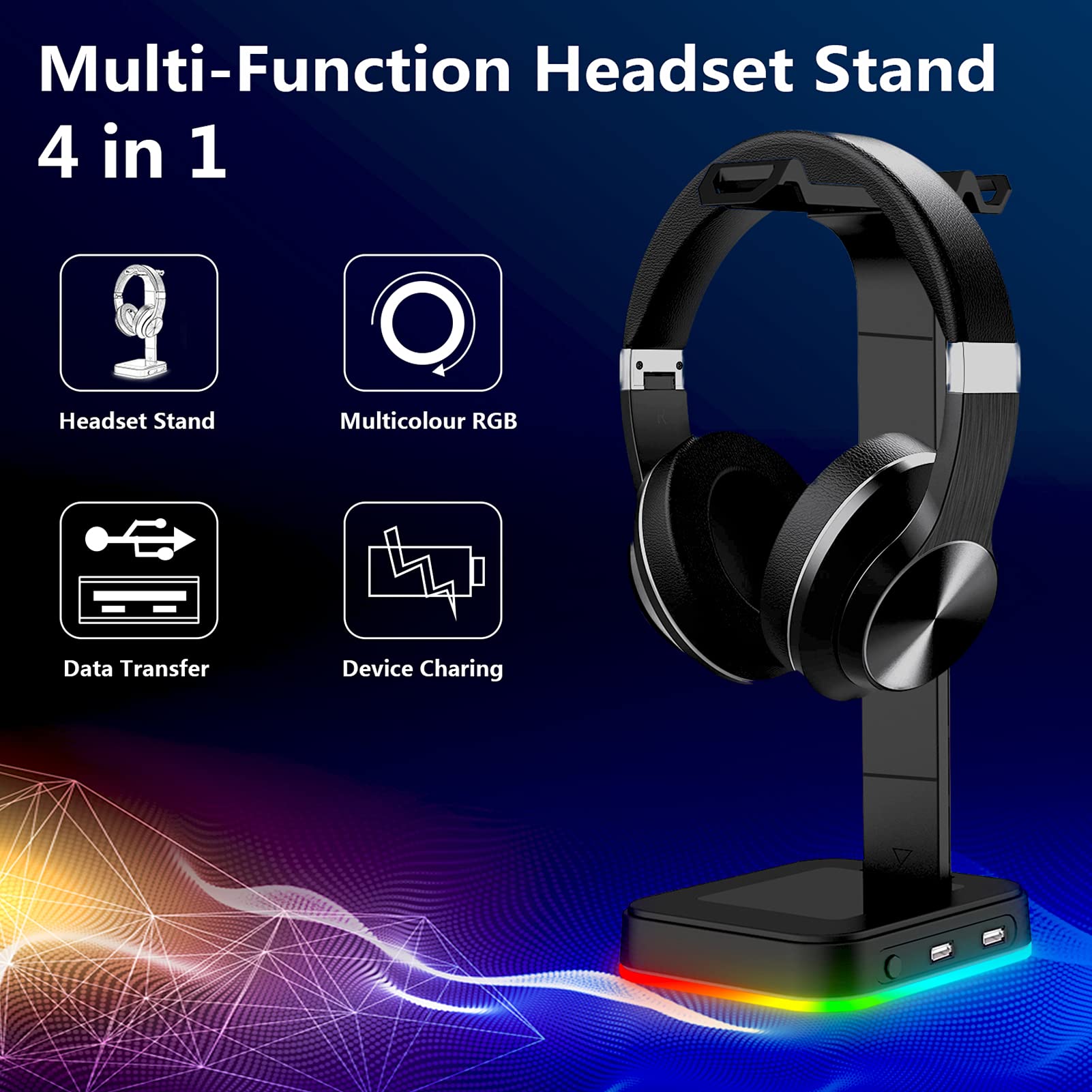 Irishom RGB Gaming Headset Stand with 2 Lighting Modes & Dual USB Ports - Headphone Holder for PC, PS5, Xbox - Perfect for Gaming Setup & Office Desk Accessories