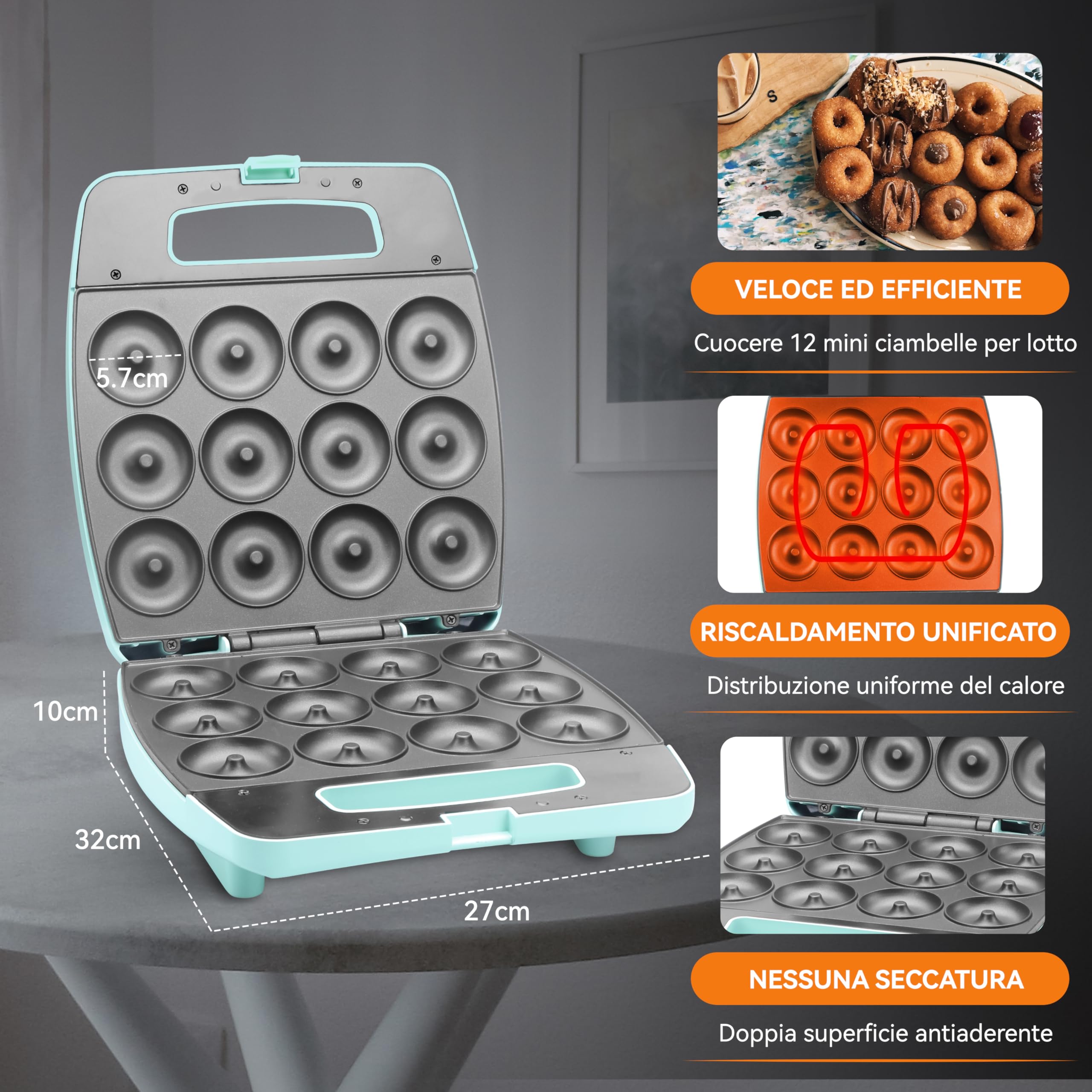 Baker's Friend Mini Donut Maker Machine - 12 Mini Donuts at Once, Perfect for Breakfast, Snacks, Desserts & More, Aqua Blue | Ideal for Home Baking, Kids Parties & Holiday Treats