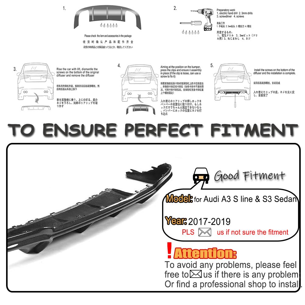 Carbon Fiber Rear Diffuser for Audi A3 S-Line & S3 Sedan 2017-2018 | Lower Bumper Lip Spoiler Body Kit | Enhances Aerodynamics & Sporty Look | Perfect for Car Enthusiasts & Performance Upgrades