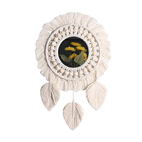 GUAN Round Hanging Wall Mirror with Macrame Boho Fringe - Decorative Mirror for Living Room, Bedroom, Nursery, Dorm & Entryway - Ivory Boho Home Decor - Perfect for Wall Decor, Vanity Mirror & Bohemian Style Spaces
