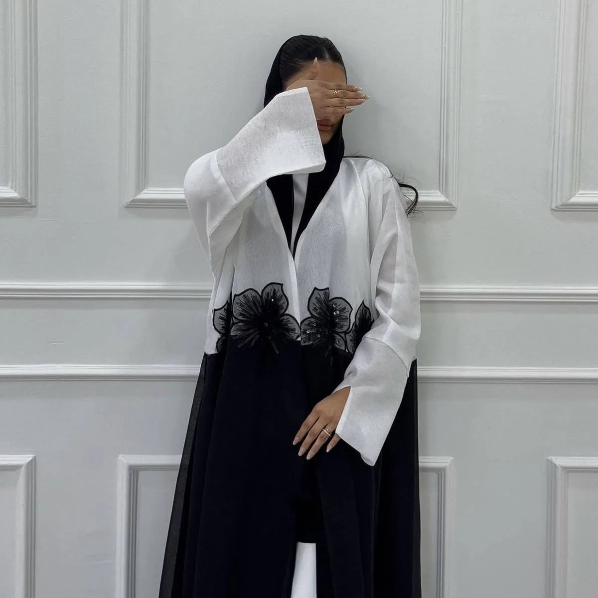 Urgarment 3D Appliques Cardigan Open Abaya Dress for Women - Elegant Long Sleeve Muslim Kaftan Robe #25210 | Perfect for Eid, Wedding, Party & Special Occasions