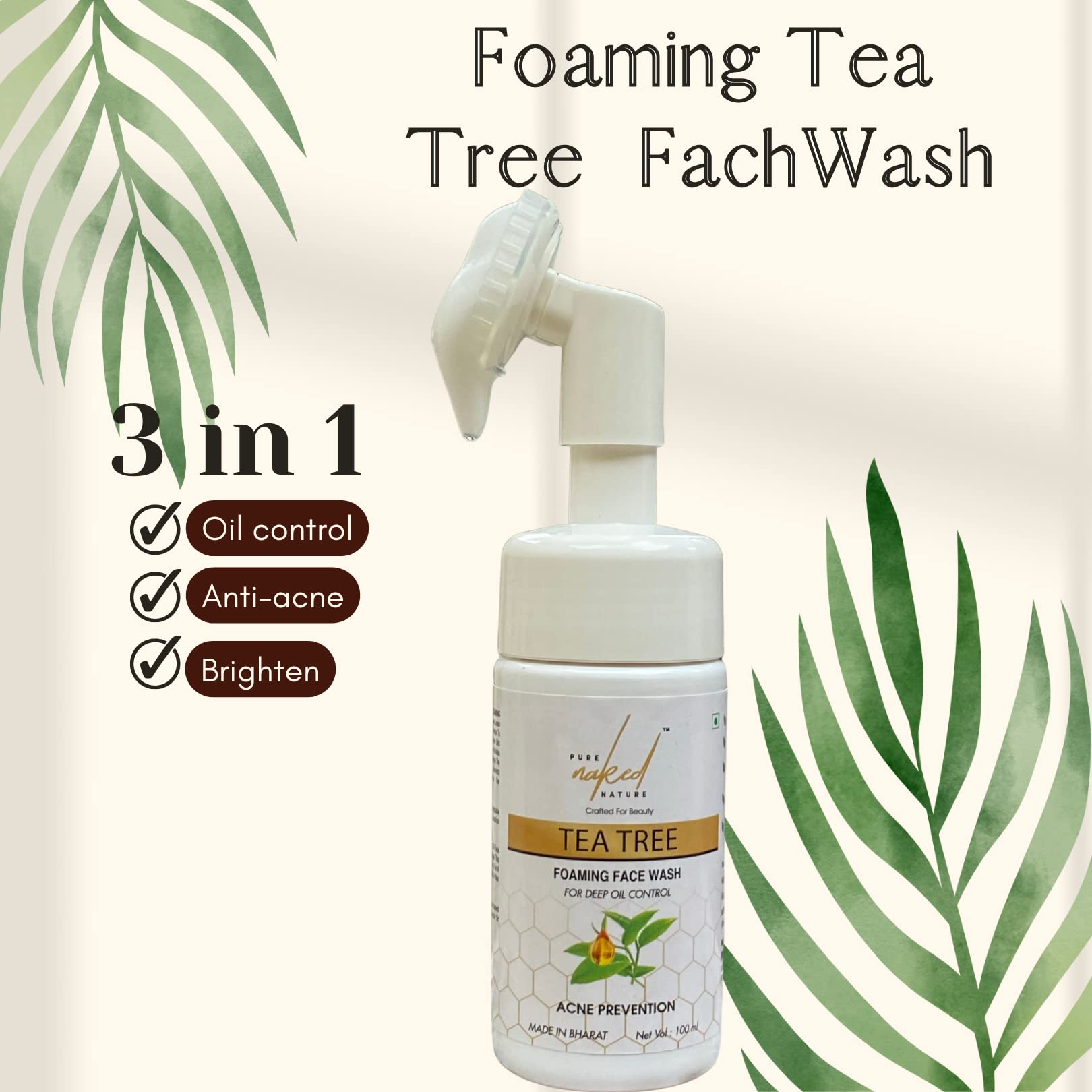 Tea Tree Foaming Face Wash for Acne & Oily Skin - Oil-Free Cleanser for Men & Women | 100ml | Deep Pore Cleansing, Reduces Breakouts | Perfect for Daily Skincare Routine & Travel